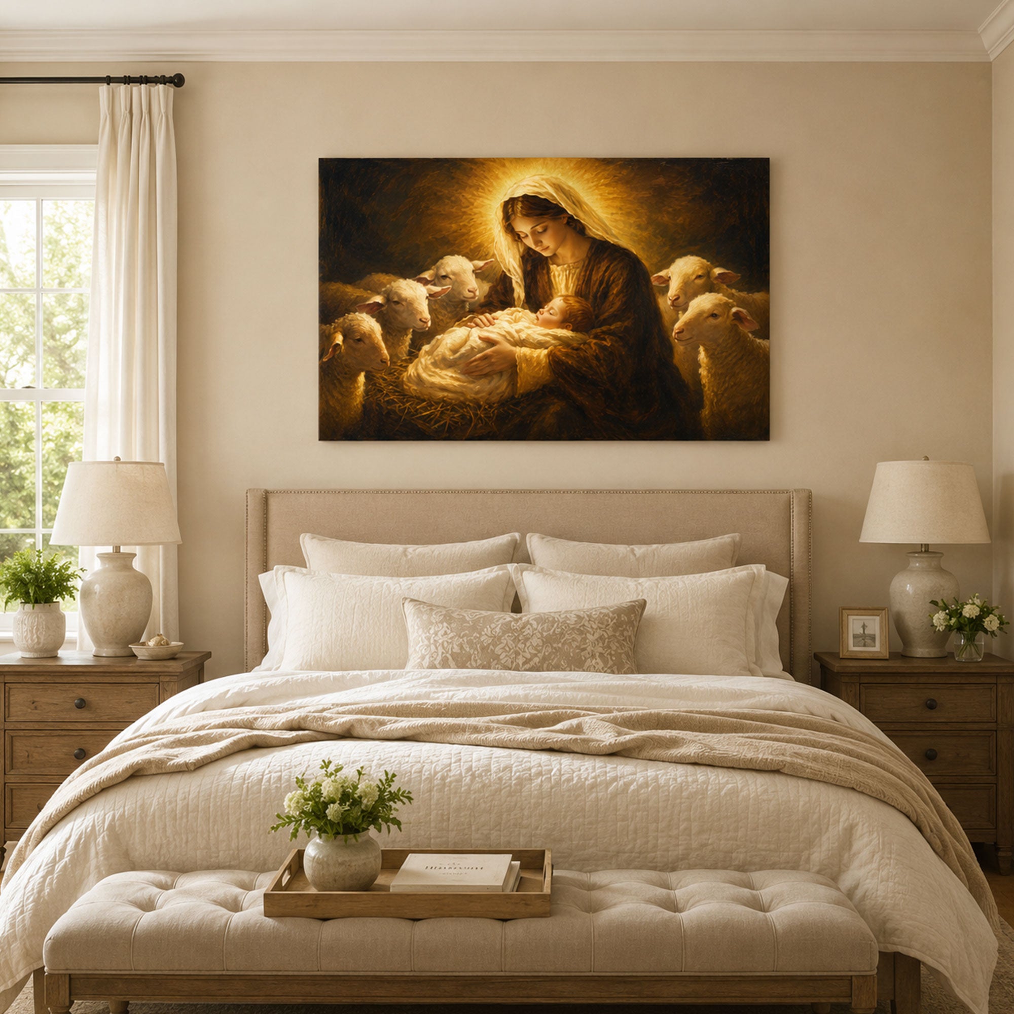 Virgin Mary with Newborn Jesus and Lambs Canvas Print, Christian Home Decor