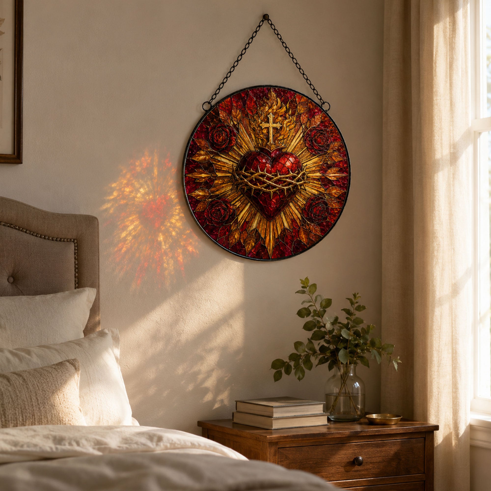 Sacred Heart of Jesus Suncatcher, Crown of Thorns and Roses Catholic Window Hanging, Christian Gift
