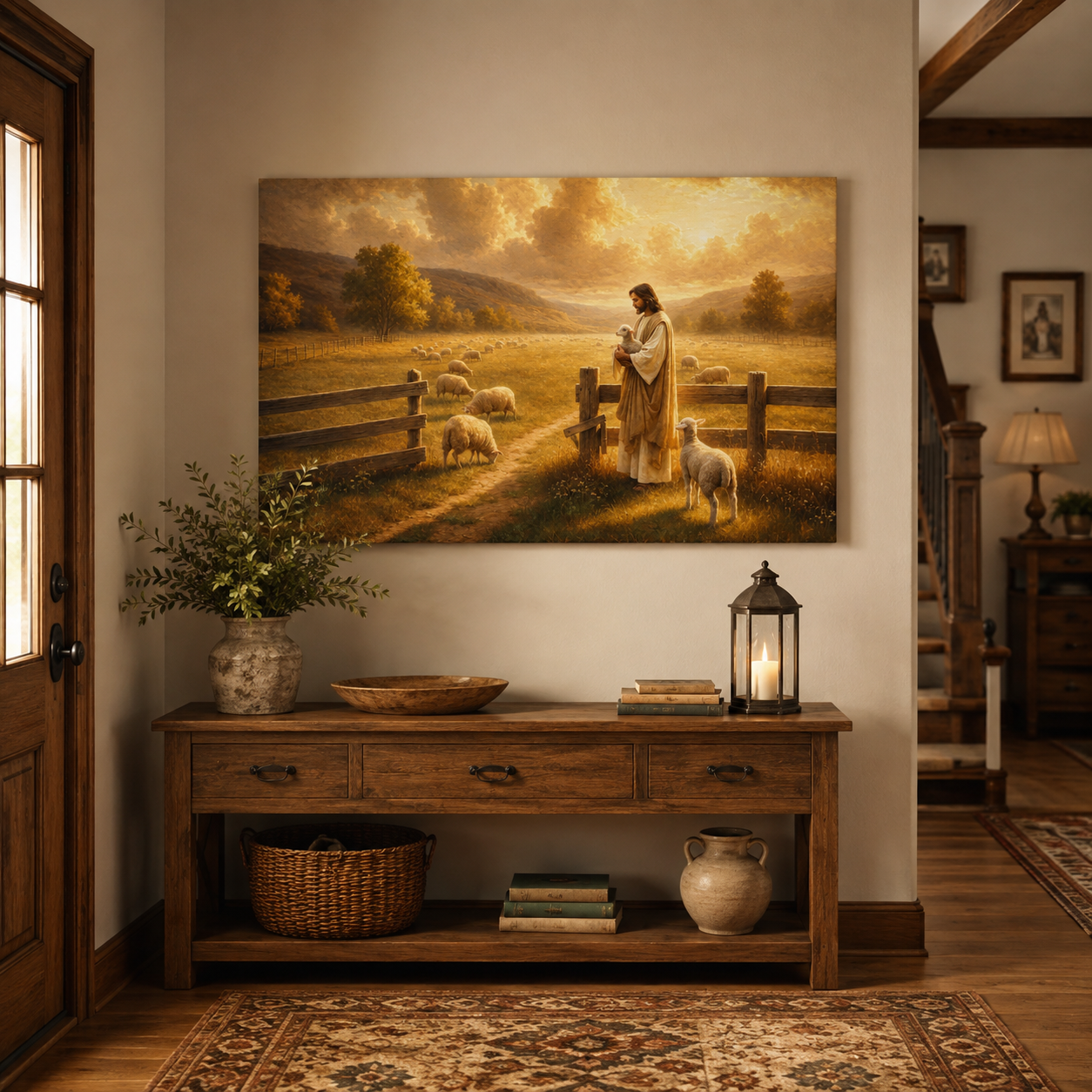 Jesus the Good Shepherd at the Sheepfold Canvas Print, Christian Home Decor