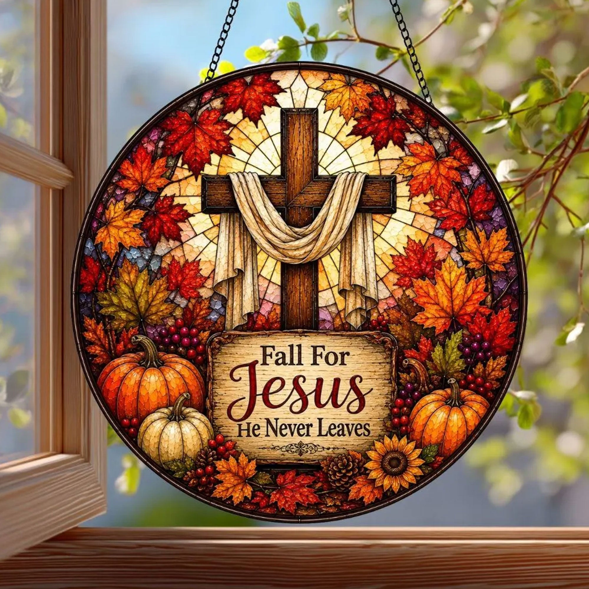 Fall for Jesus Christian Suncatcher, He Never Leaves Cross Window Hanging, Autumn Faith Decor