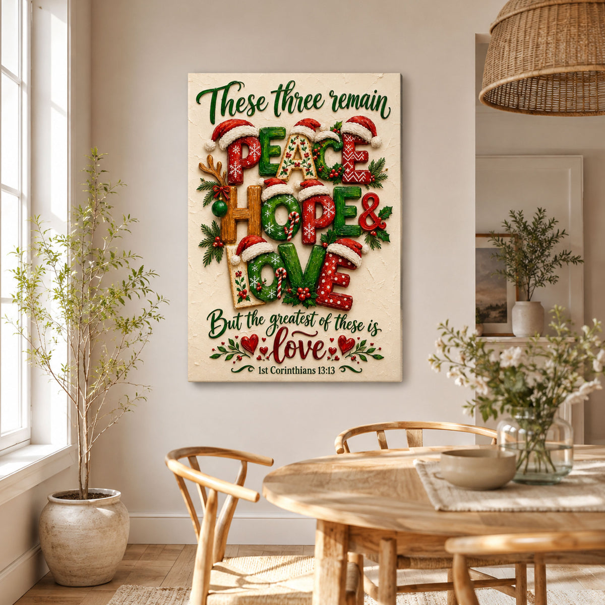 Peace Hope Love Christmas Canvas Print, 1 Corinthians 13:13 Christian Wall Decor, Faith Gift