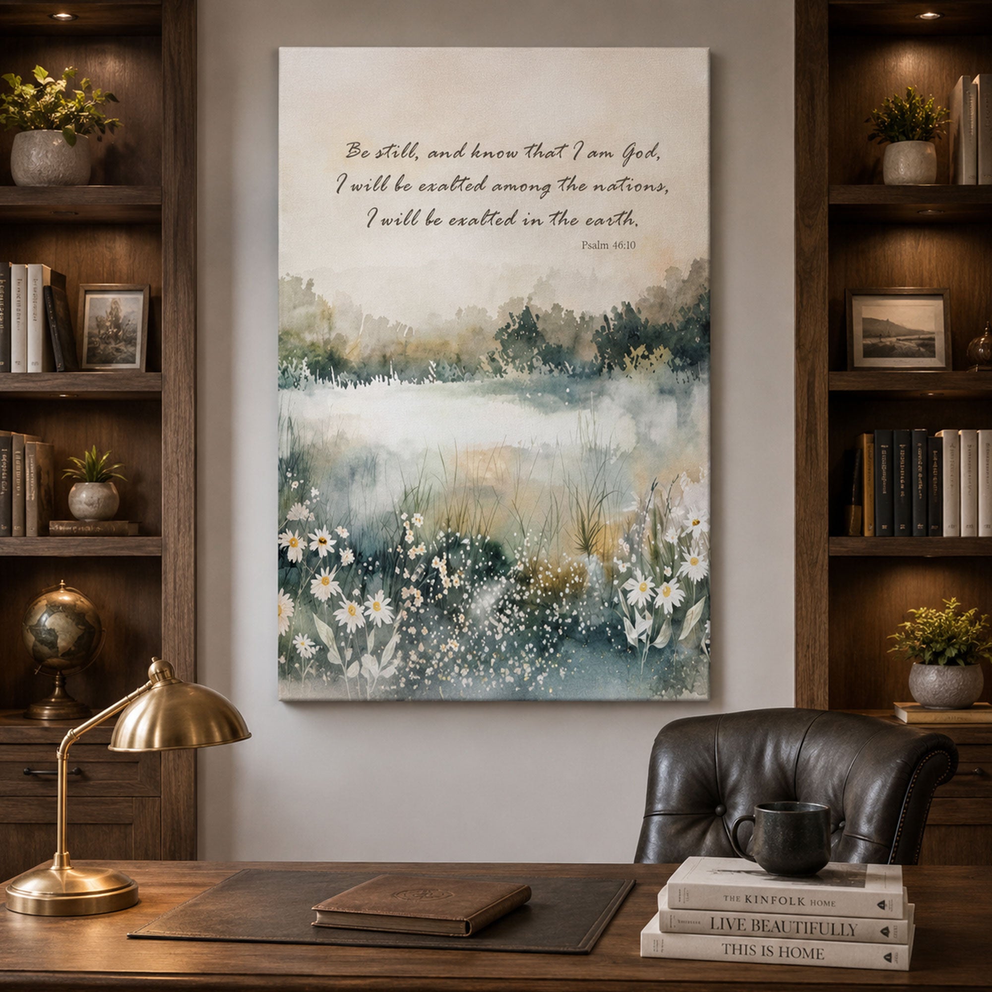 Be Still and Know That I Am God Canvas Print, Psalm 46:10 Scripture Wall Art, Neutral Christian Landscape Painting, Peaceful Faith Home Decor