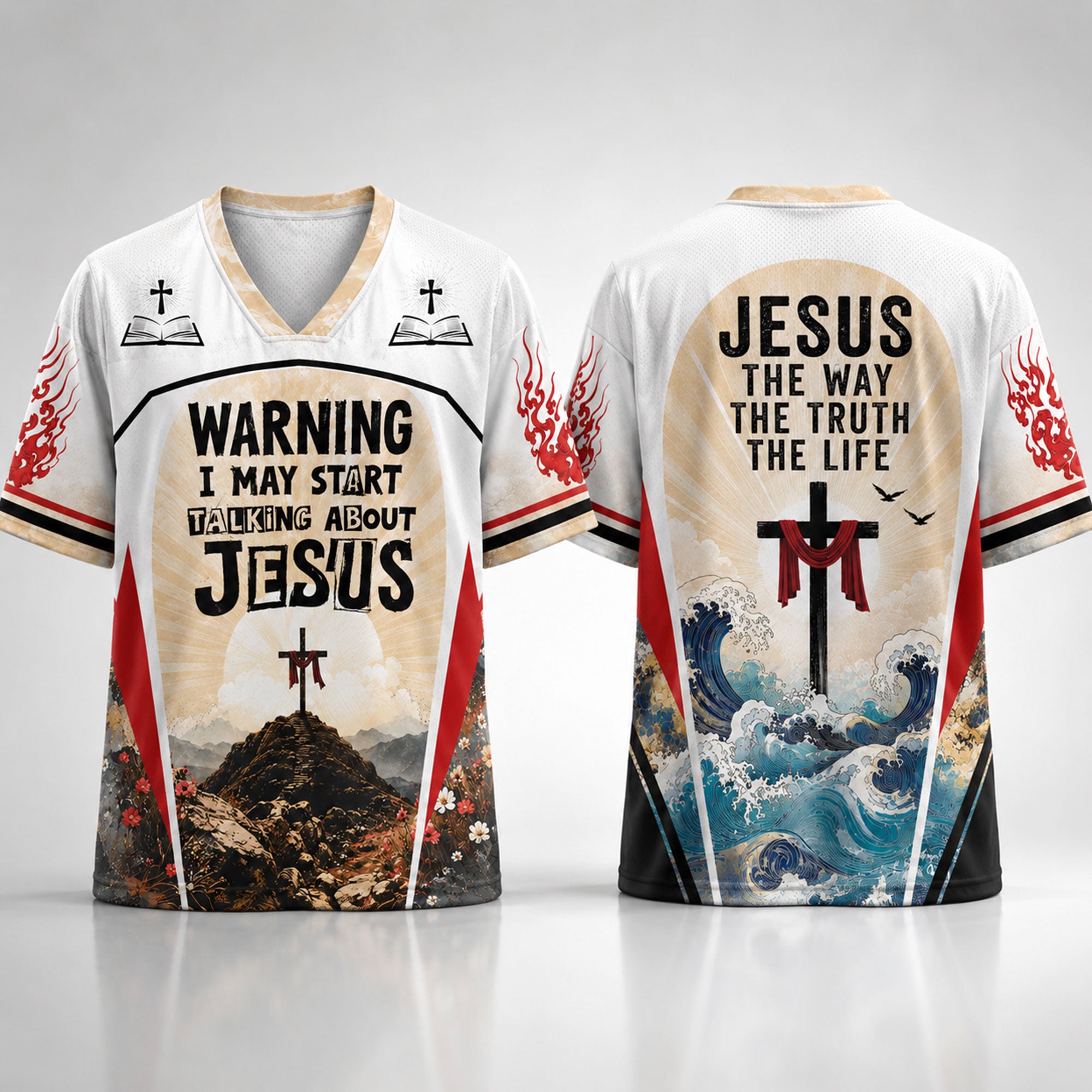 Warning I May Start Talking About Jesus Christian Mesh Jersey, The Way The Truth The Life Cross Faith Shirt