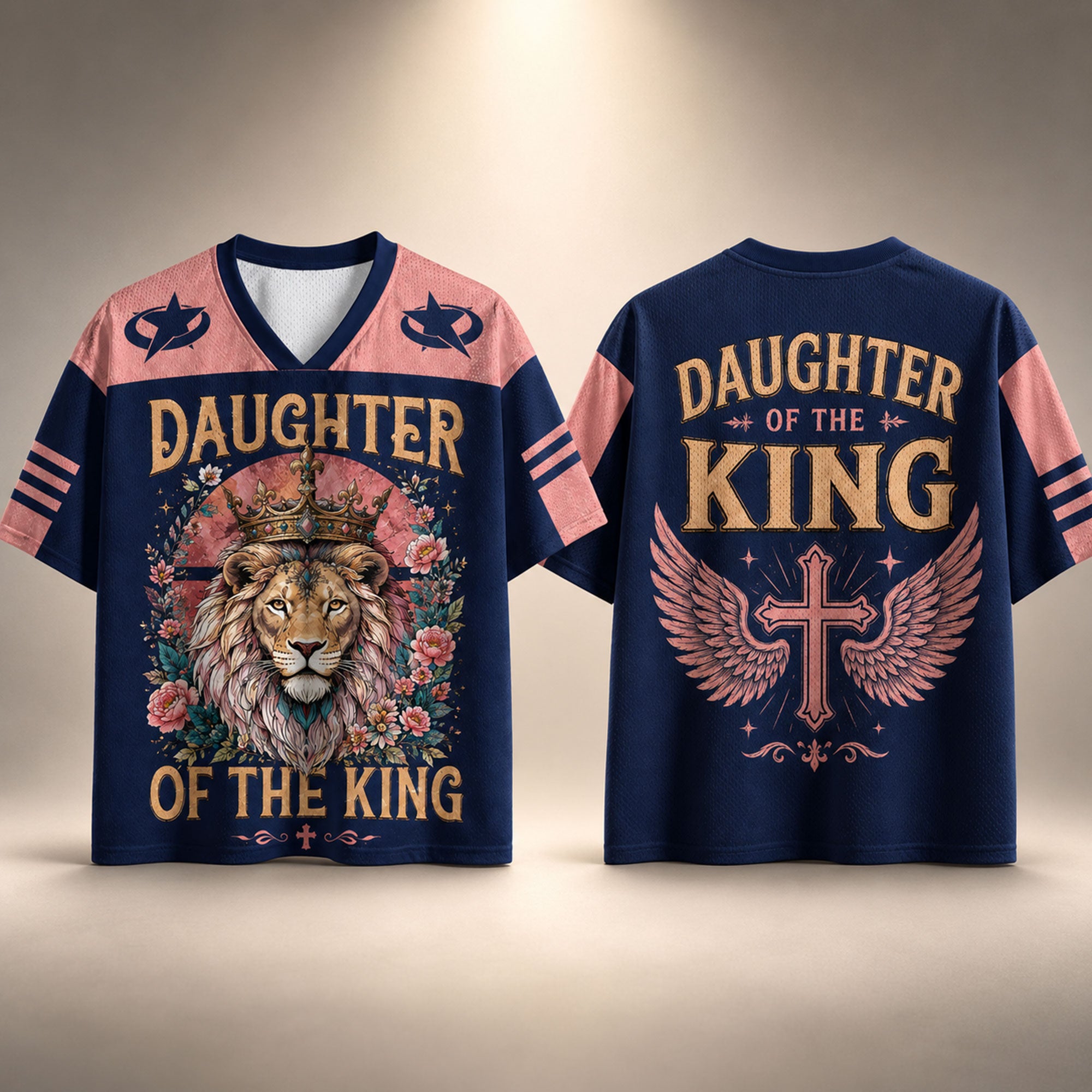 Daughter of the King Christian Mesh Jersey, Crowned Lion Floral Shirt, Cross Wings Faith Apparel