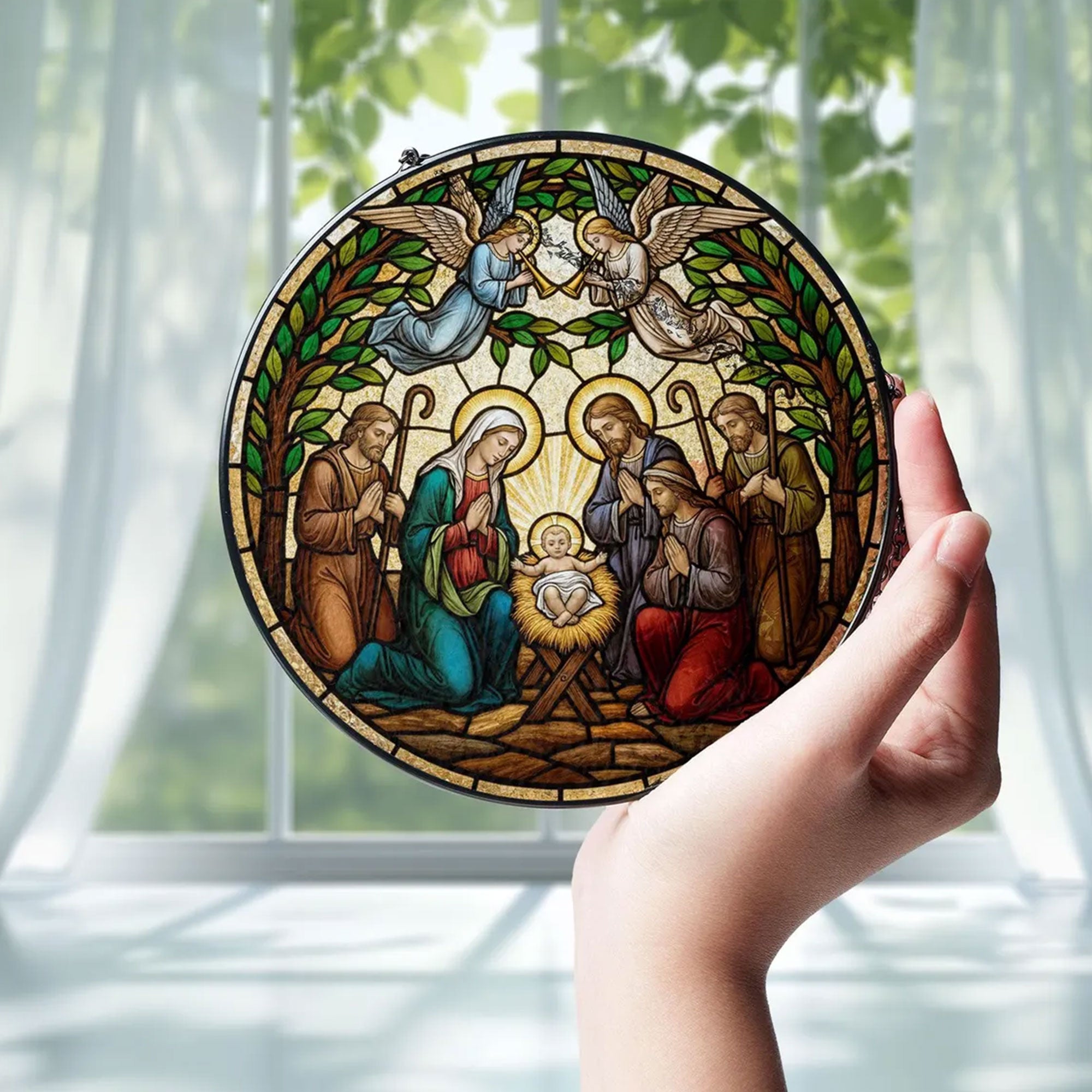 Nativity of Jesus Suncatcher, Holy Family and Shepherds Window Hanging, Christian Christmas Decor
