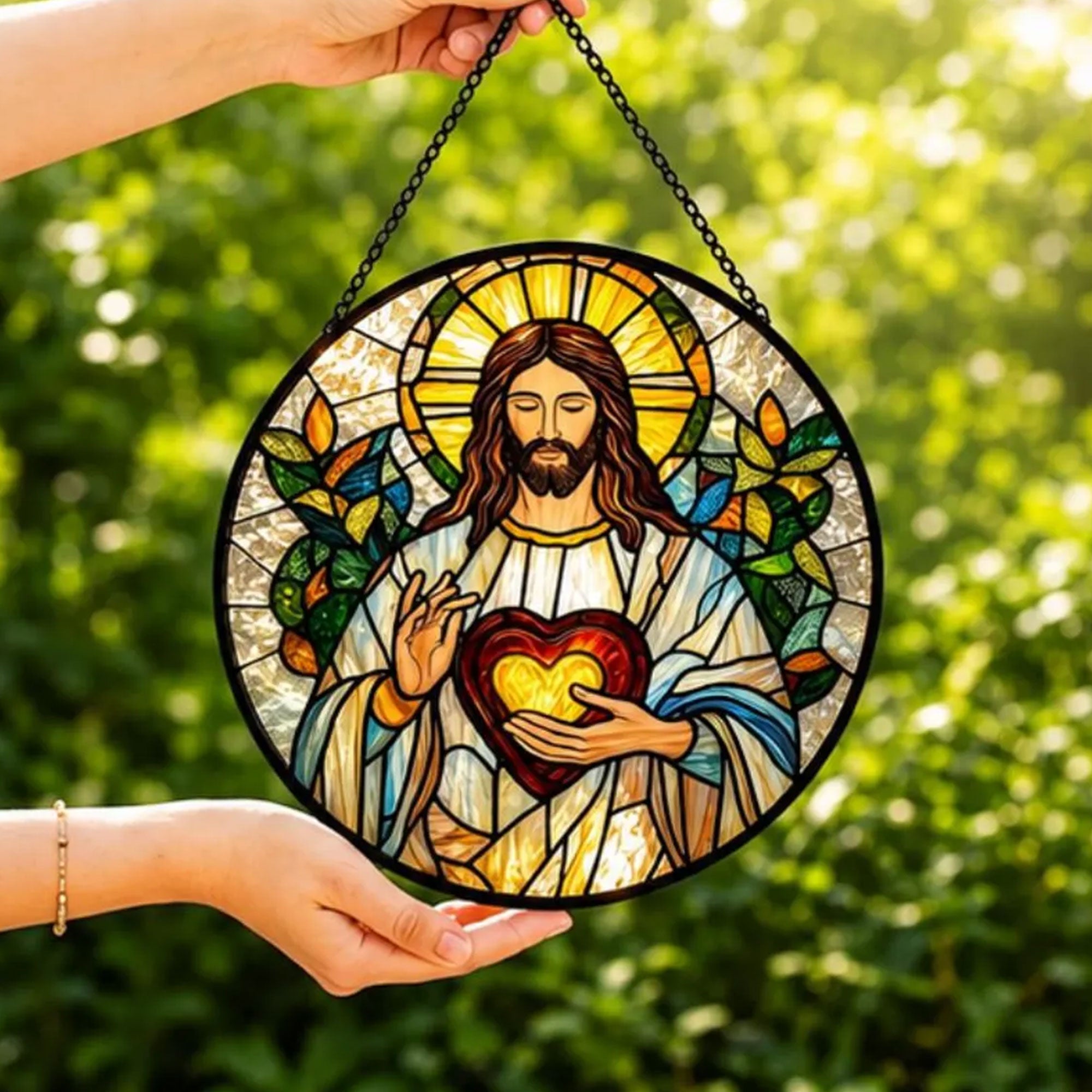 Sacred Heart of Jesus Suncatcher, Christian Window Hanging, Catholic Religious Gift for Her
