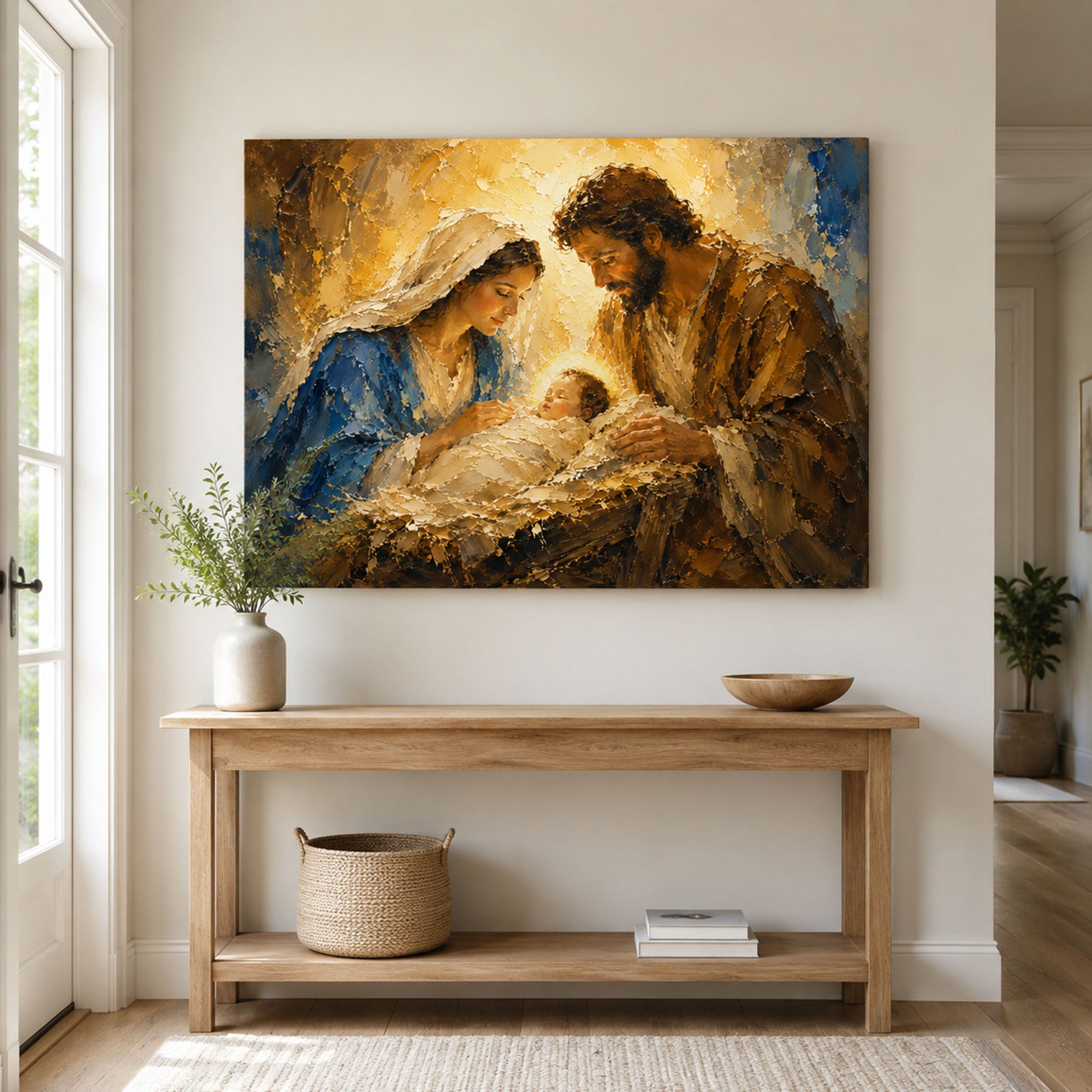 Holy Family Nativity Canvas Print, Baby Jesus in Manger Wall Art, Christmas Christian Painting, Catholic Religious Home Decor