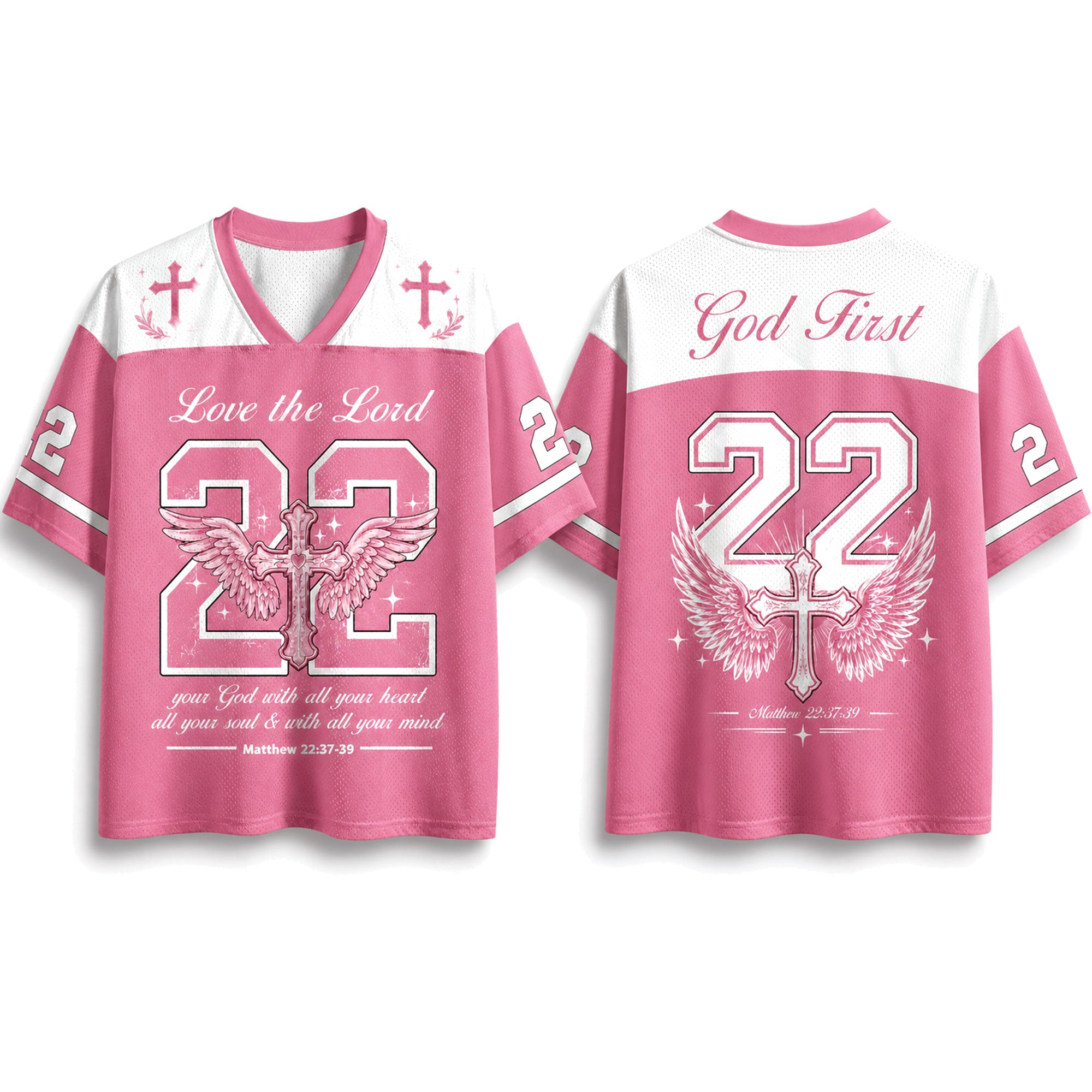 Love the Lord Christian Mesh Jersey, God First Cross Wings Shirt, Matthew 22:37–39 Bible Verse Faith Apparel