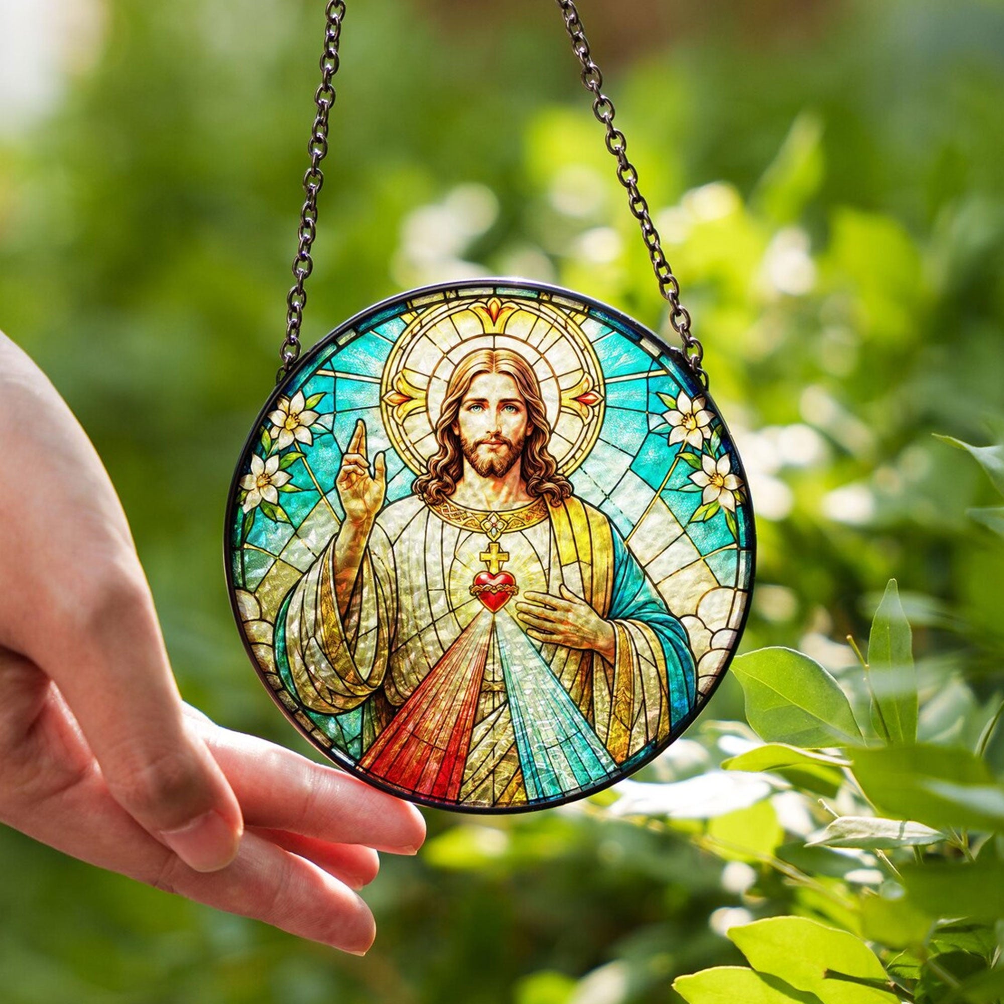 Divine Mercy Jesus Suncatcher, Sacred Heart Catholic Window Hanging, Christian Religious Gift