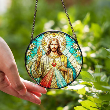 Divine Mercy Jesus Suncatcher, Sacred Heart Catholic Window Hanging, Christian Religious Gift