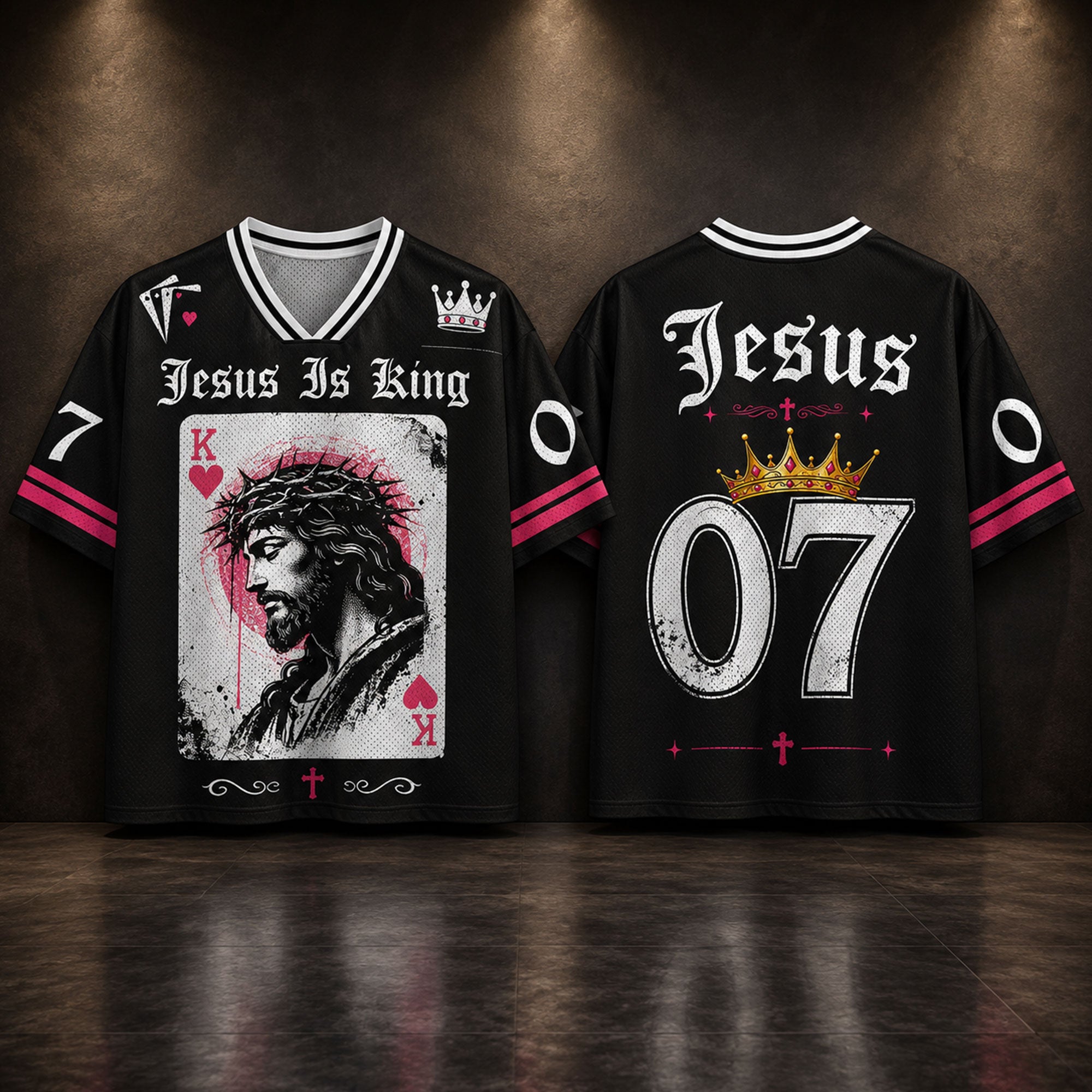Personalized Jesus Is King Christian Mesh Jersey, Custom Name and Number, King of Hearts Faith Shirt