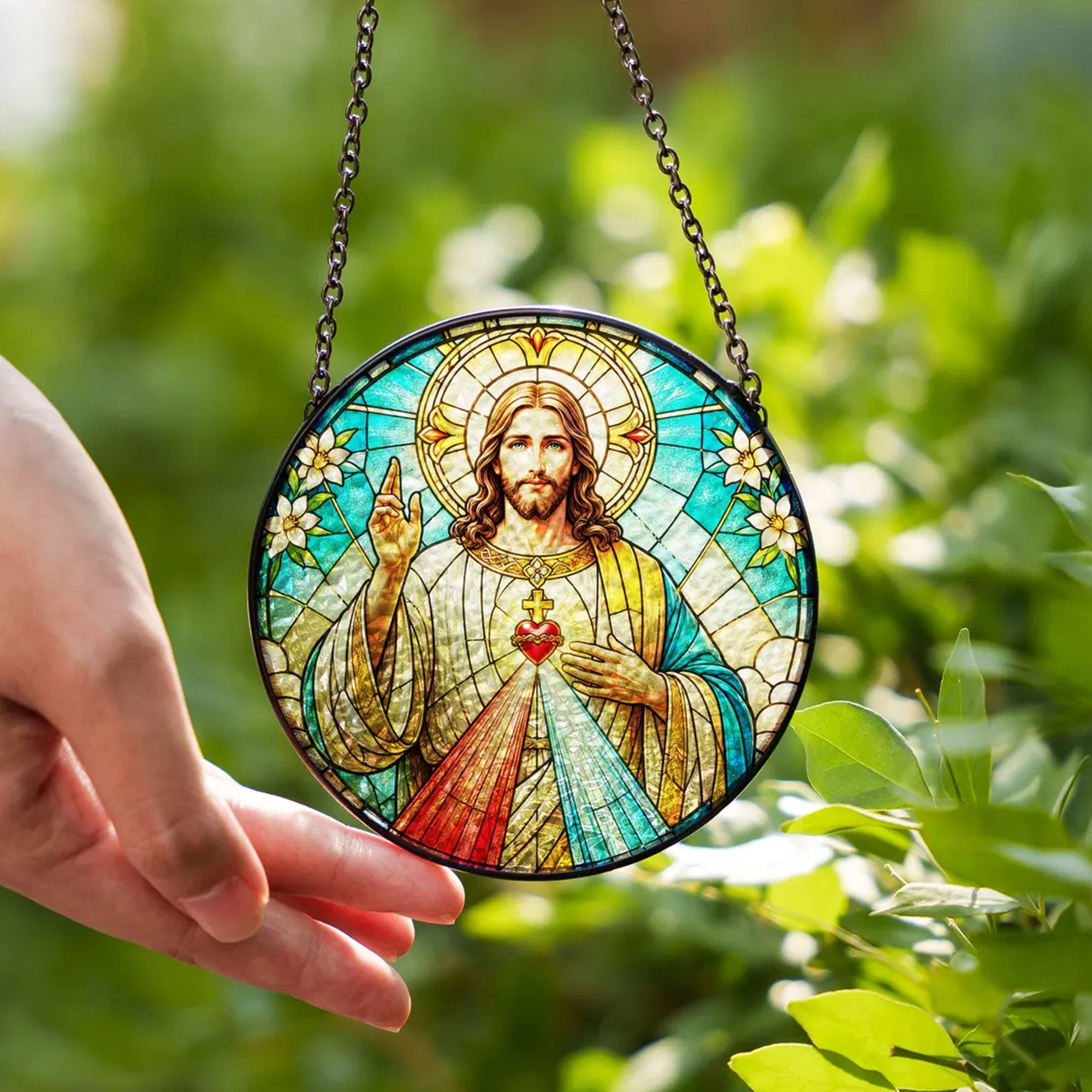 Divine Mercy Jesus Suncatcher, Sacred Heart Catholic Window Hanging, Christian Faith Gift