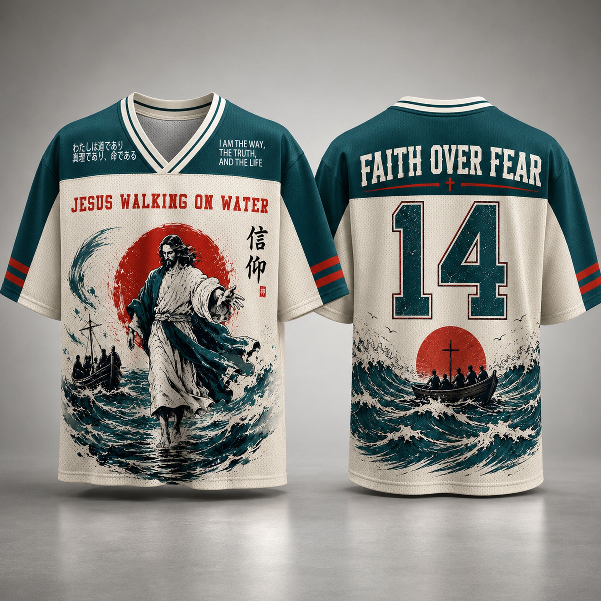 Jesus Walking on Water Christian Mesh Jersey, Faith Over Fear Number 14 Shirt, Japanese Wave Bible Verse Apparel
