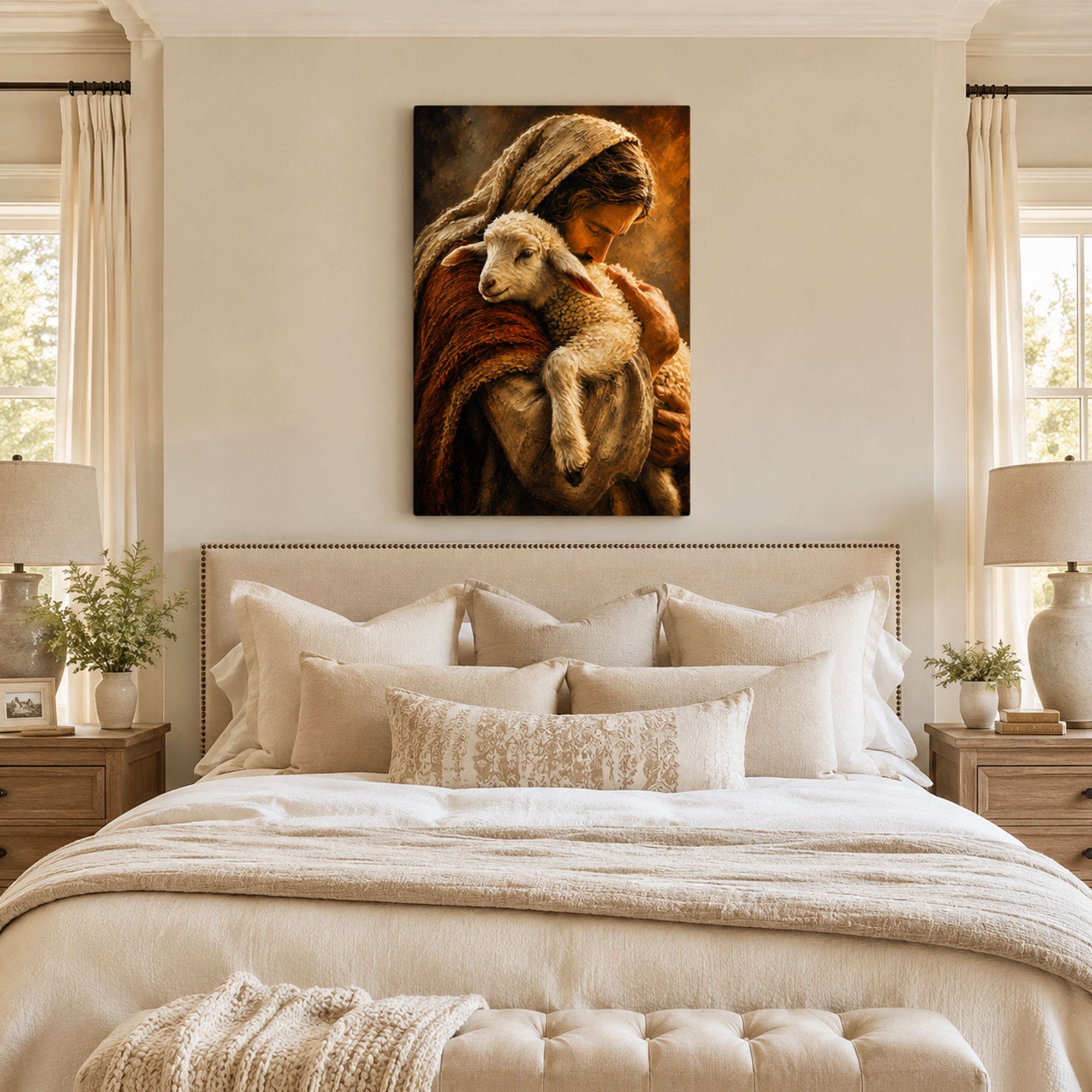 Good Shepherd Embracing the Rescued Lamb Canvas Print, Christian Home Decor