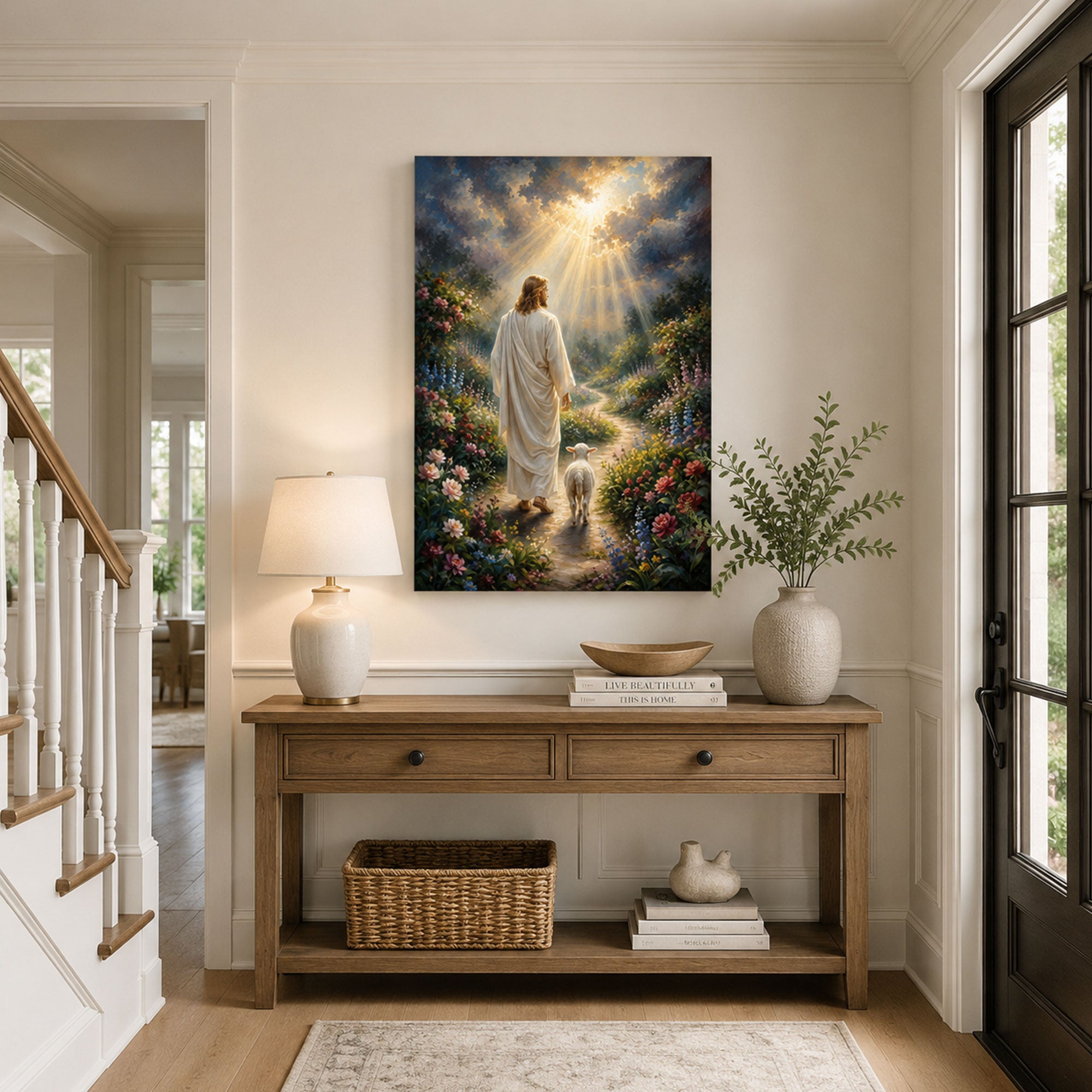 Jesus Leading a Lamb Toward Heaven Canvas Print, Christian Home Decor
