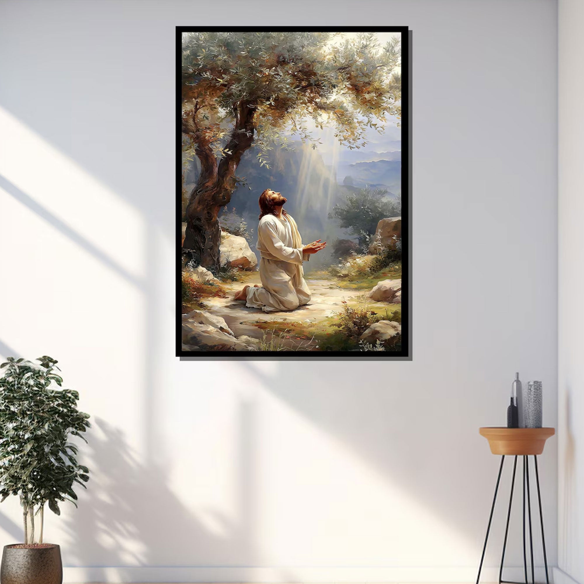 Jesus Praying Under Olive Tree Canvas Wall Art, Christian Prayer Decor, Peaceful Faith Home Gift