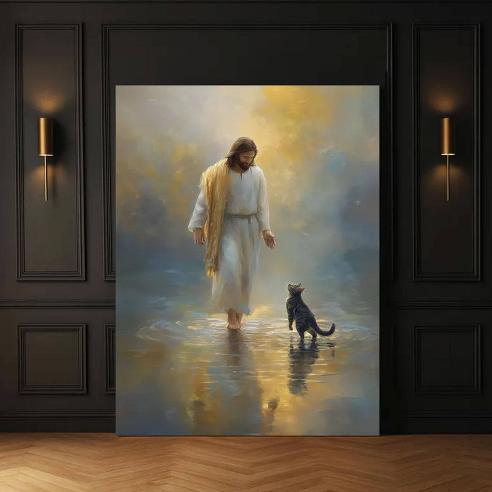 Jesus and Cat Canvas Wall Art, Peaceful Christian Home Decor, Religious Animal Painting,Gifts for cat lovers