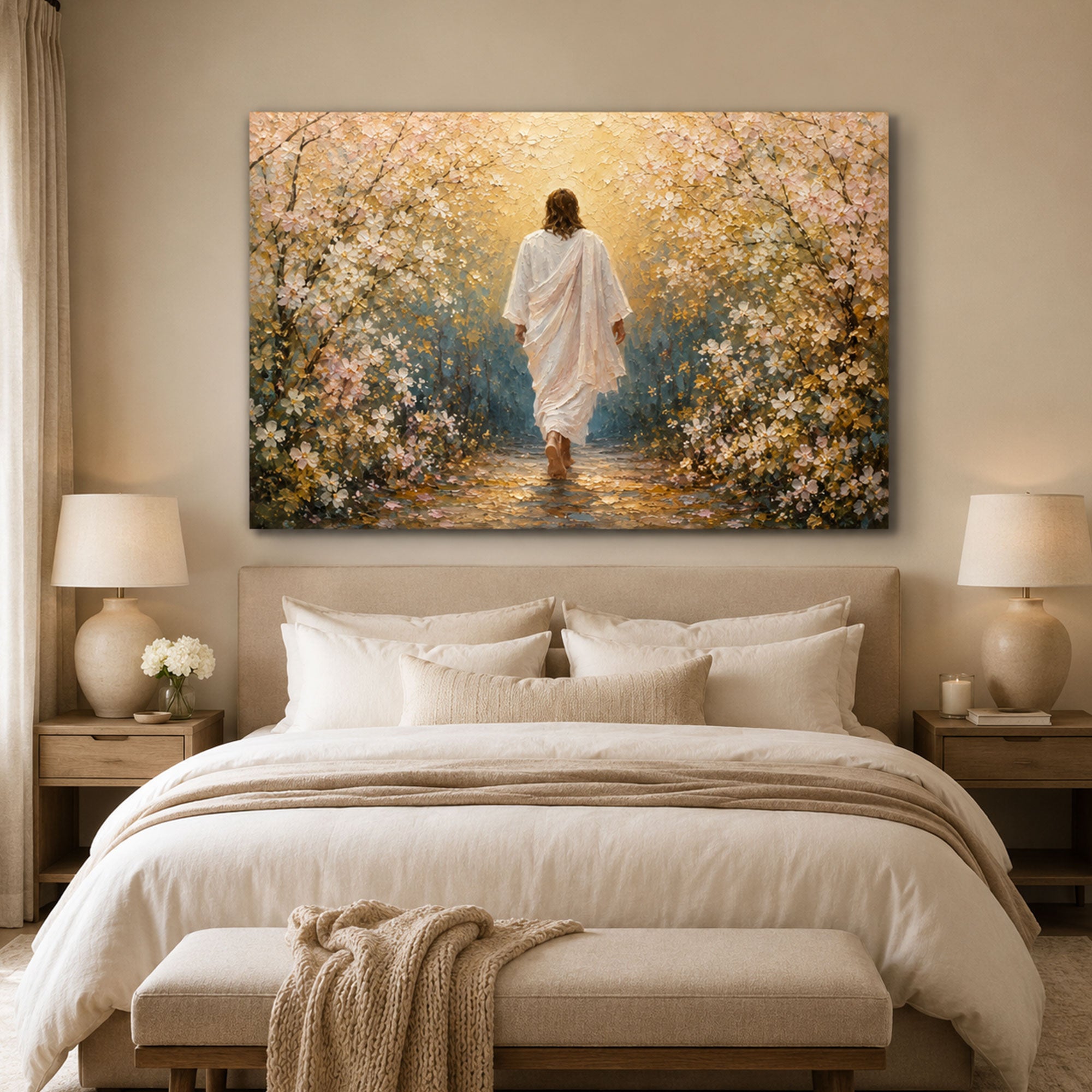 Jesus Leading the Way Canvas Print, Walk With Jesus Christian Wall Art, Floral Faith Journey Painting, Inspirational Religious Home Decor
