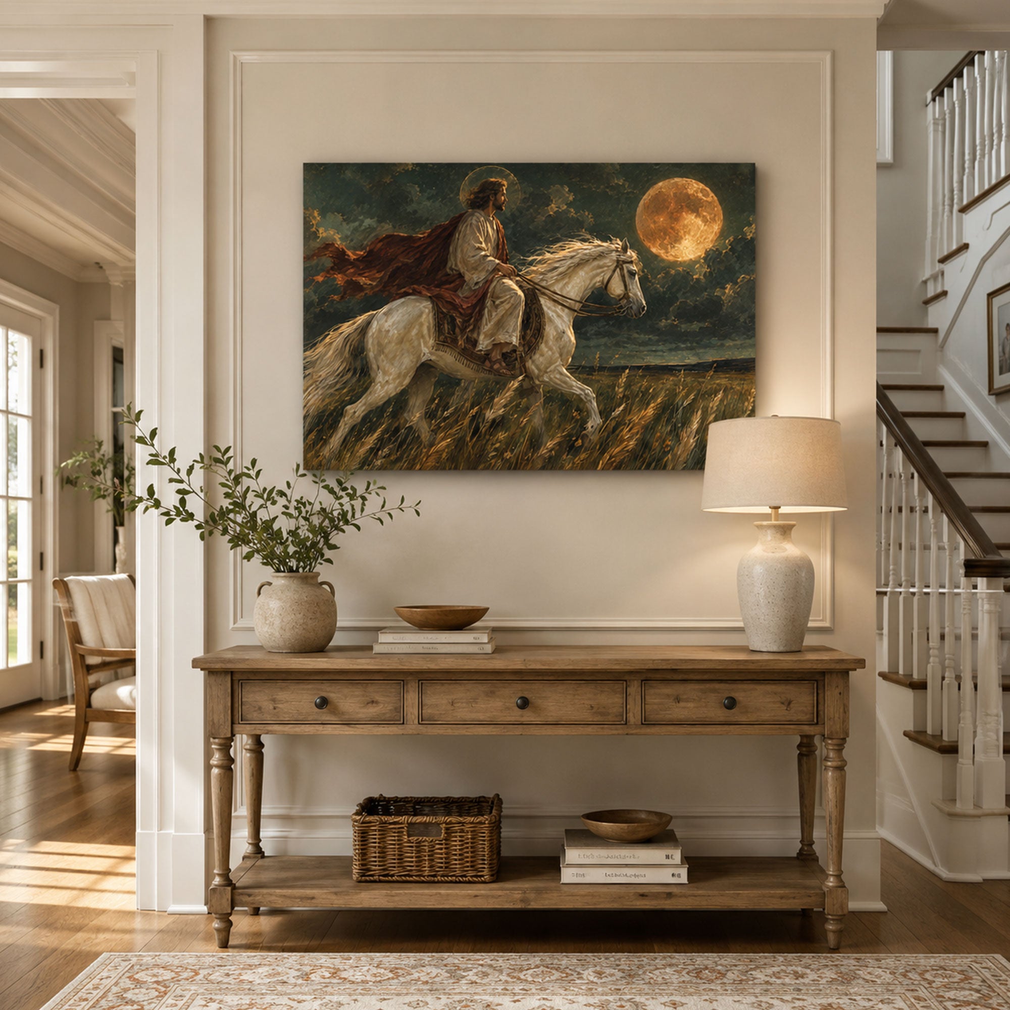 Jesus with White Horse byJesus Riding a White Horse Under the Moon Canvas Print, Christian Home Decor Waterfall Canvas Print, Christian Home Decor (Copy)