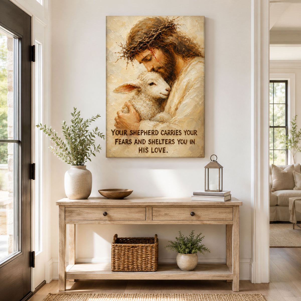 Jesus Good Shepherd with Lamb Canvas Print, Your Shepherd Carries Your Fears Christian Wall Decor, Faith Gift