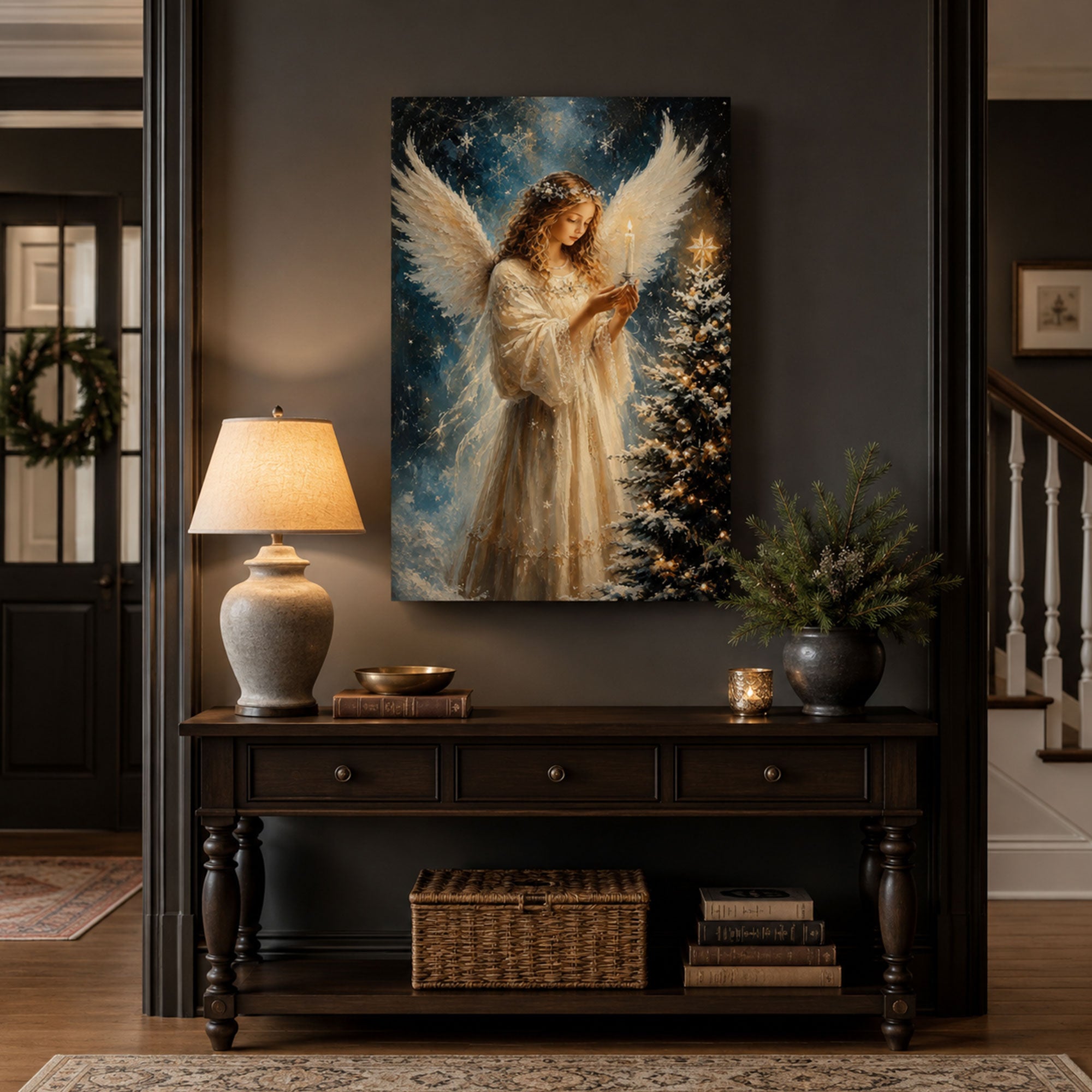 Christmas Angel Candlelight Canvas Print, Heavenly Winter Wall Art, Christian Home Decor