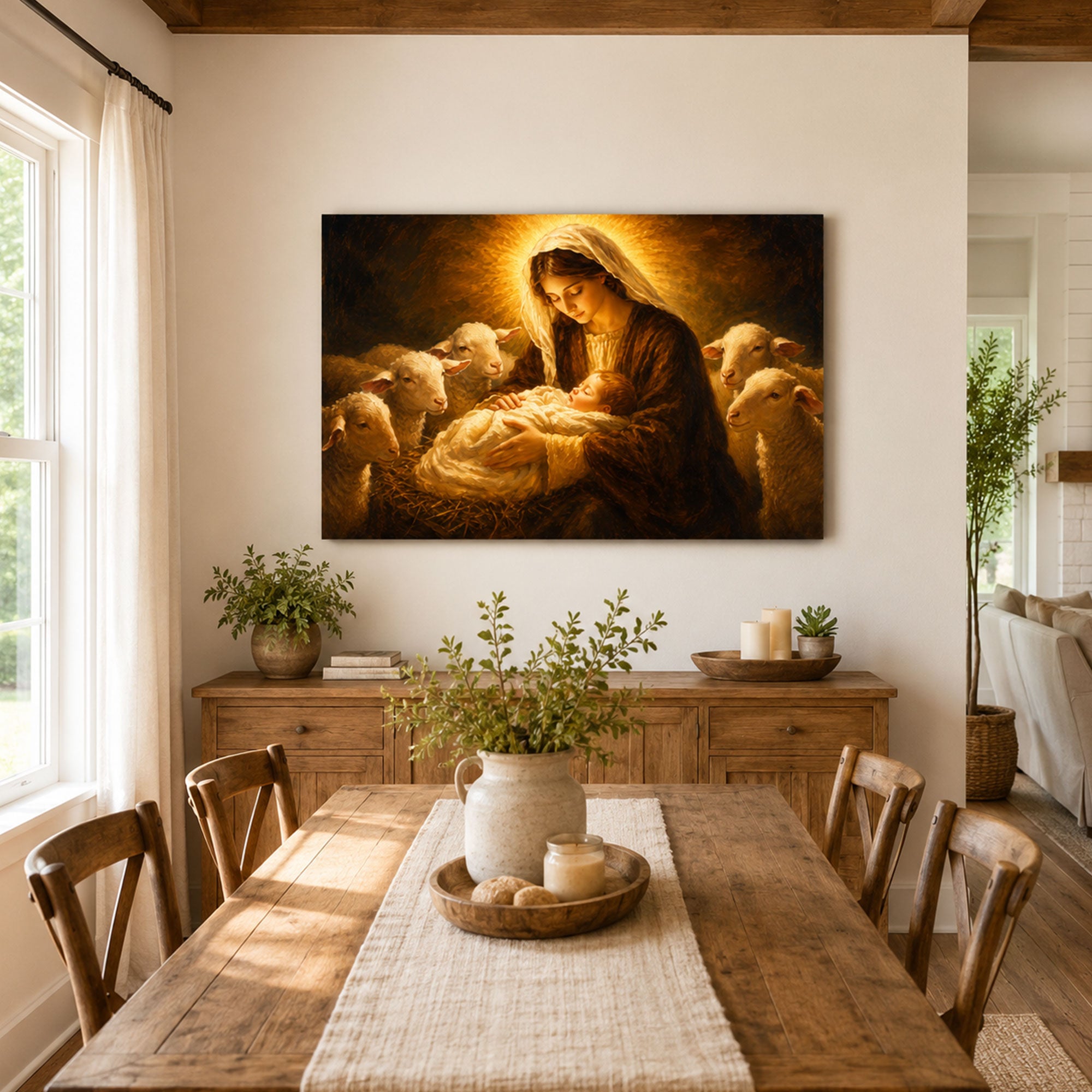 Virgin Mary with Newborn Jesus and Lambs Canvas Print, Christian Home Decor