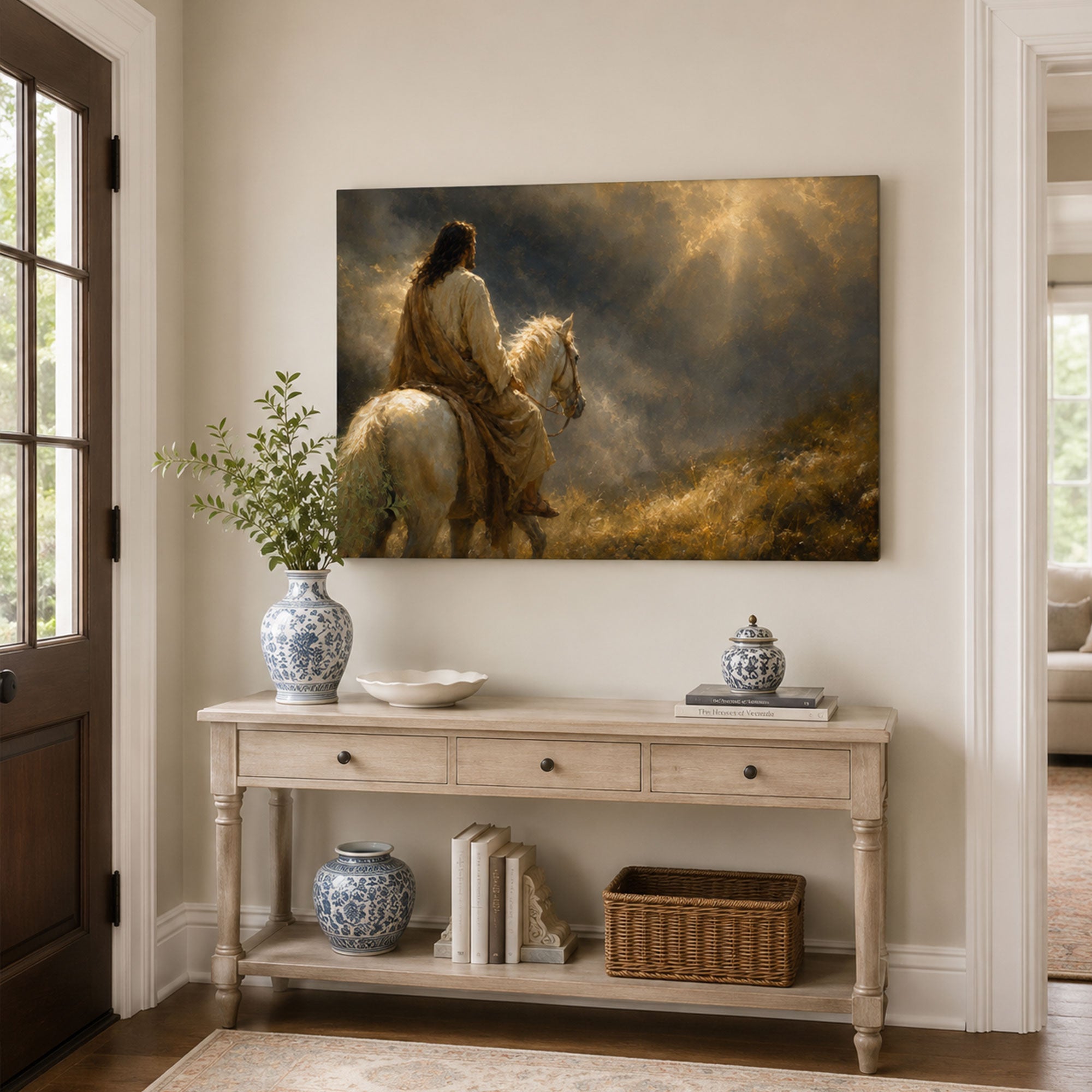 Jesus Riding a White Horse Toward the Light Canvas Print, Christian Home Decor