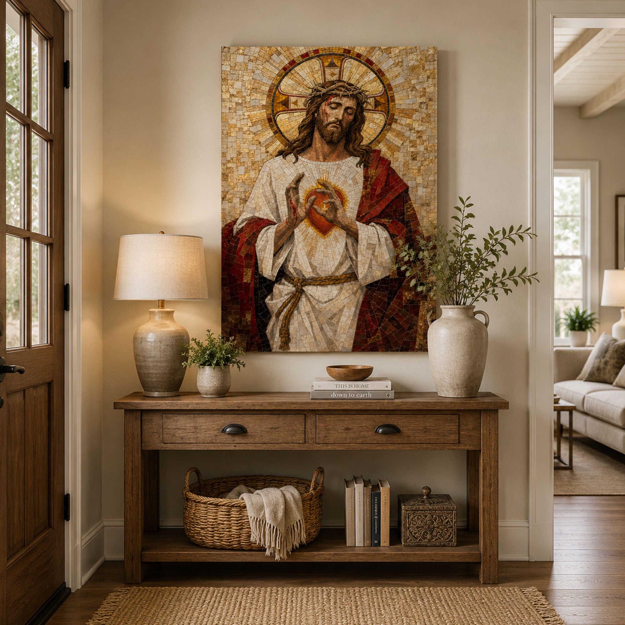 Sacred Heart of Jesus Mosaic Canvas Print, Catholic Home Decor