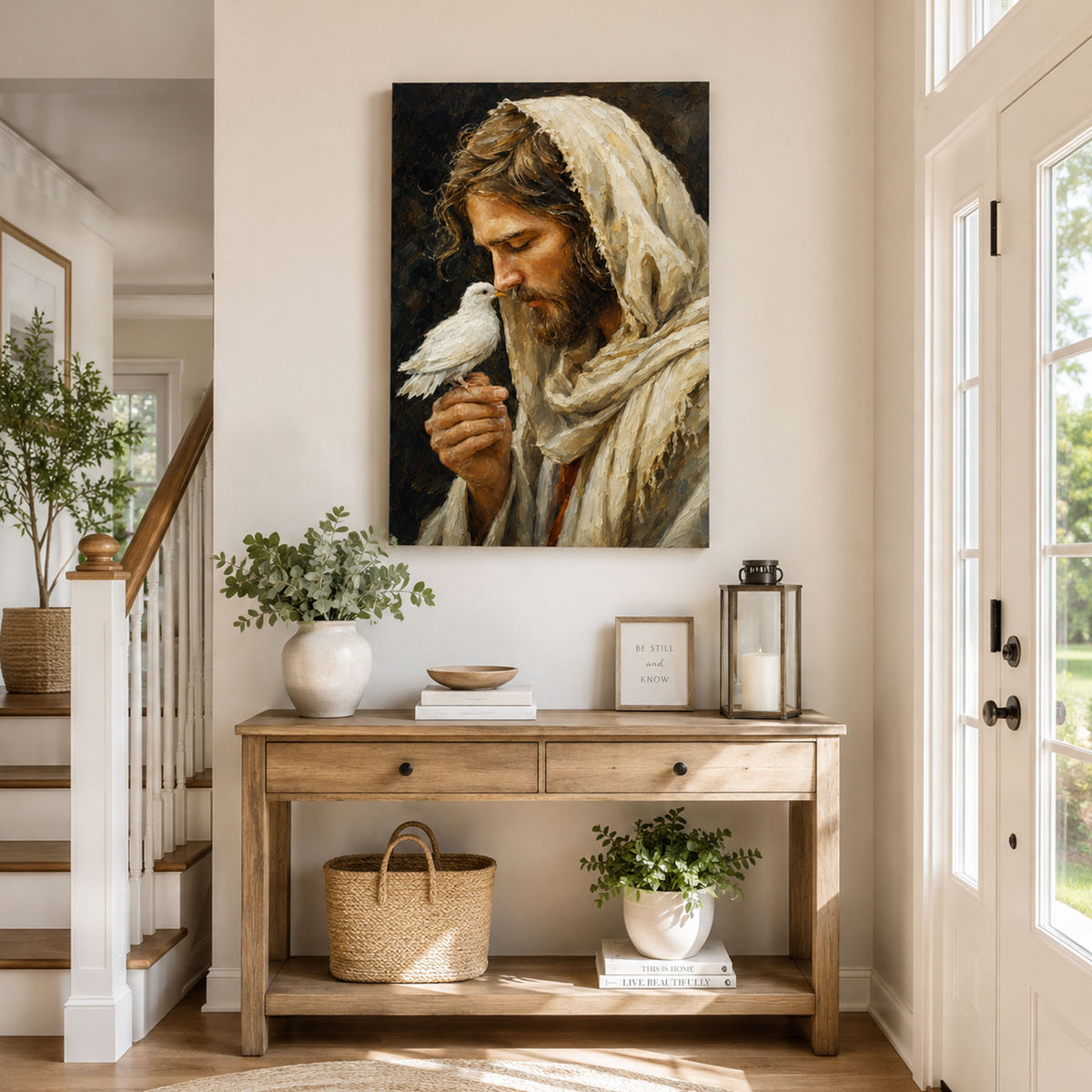 Jesus with Holy Spirit Dove Canvas Print, Christian Wall Decor, Peace and Faith Gift