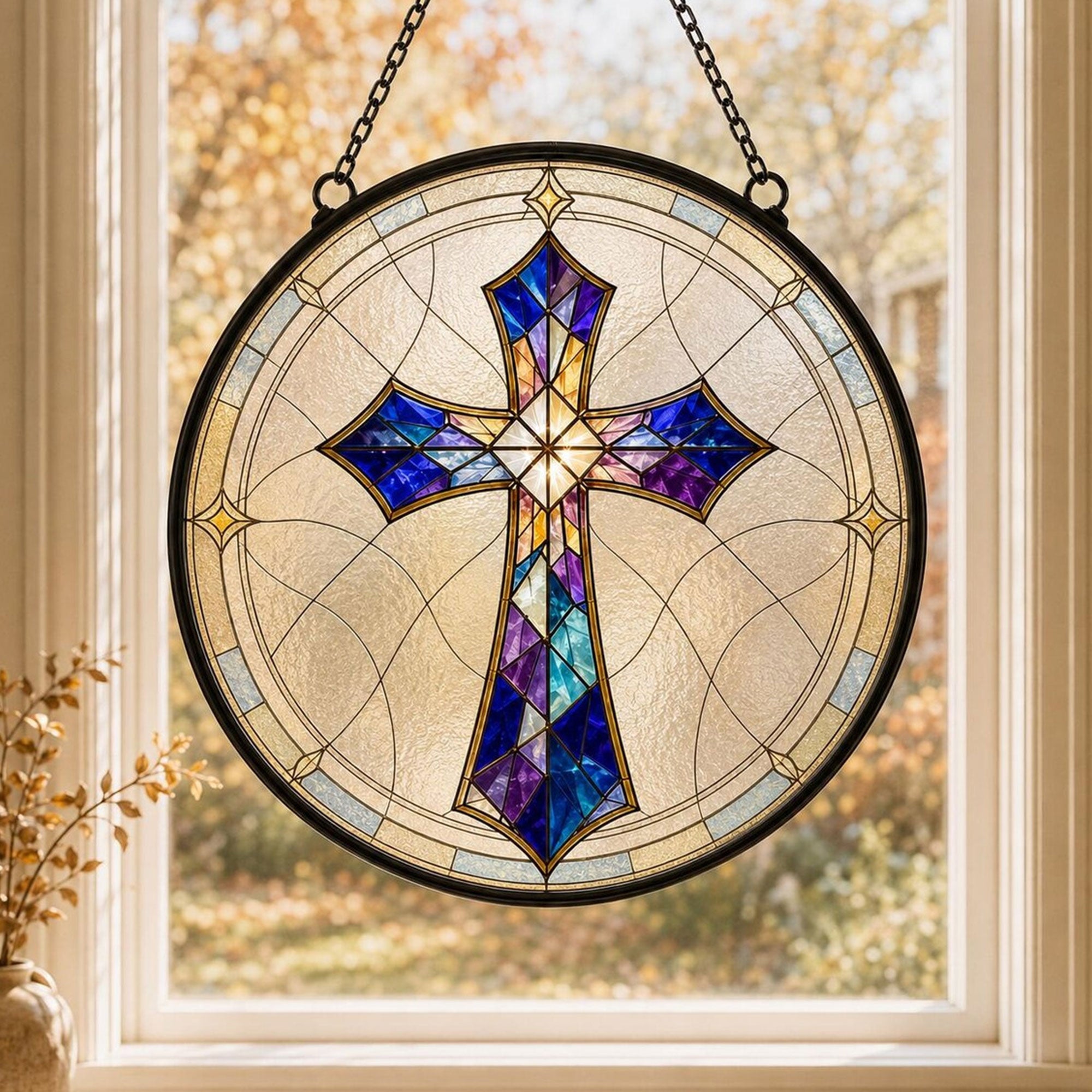 Christian Cross Stained Glass Suncatcher, Blue Purple Faith Window Hanging, Religious Gift