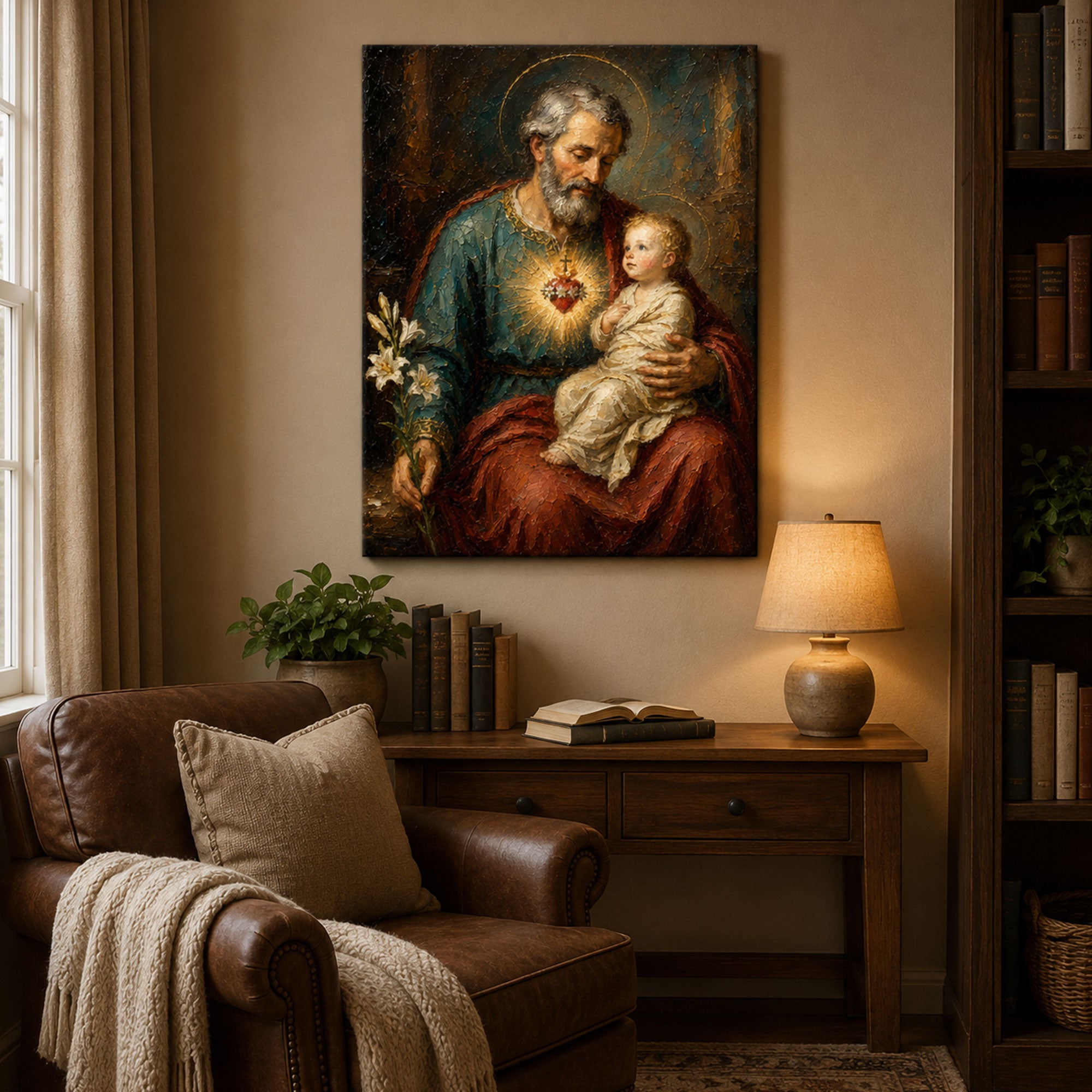 St. Joseph and Child Jesus Canvas Print, Sacred Heart Catholic Wall Art, Patron of Families Painting, Christian Home Decor