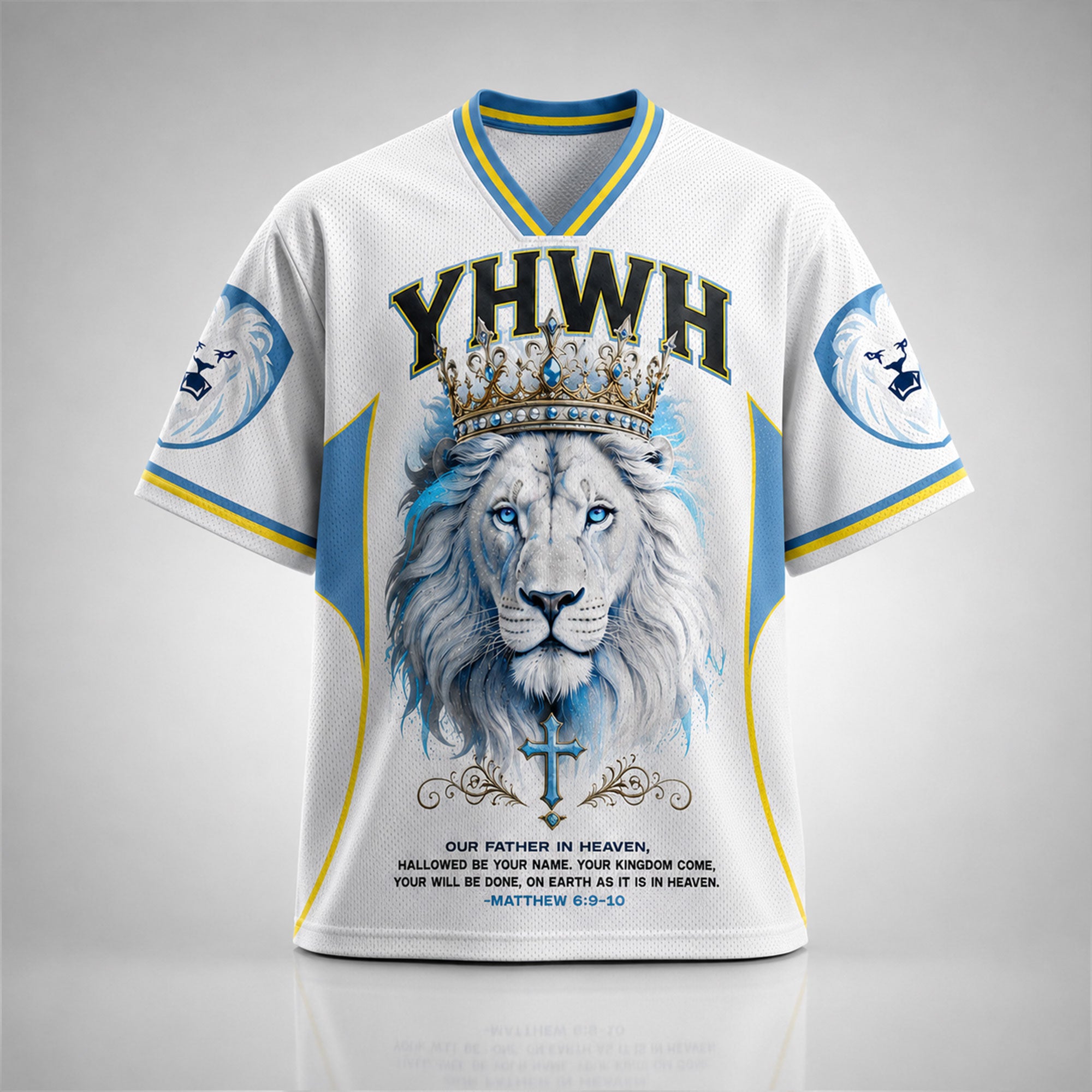 YHWH Lion of Judah Christian Mesh Jersey, Matthew 6:9–10 Crowned Lion Bible Verse Shirt