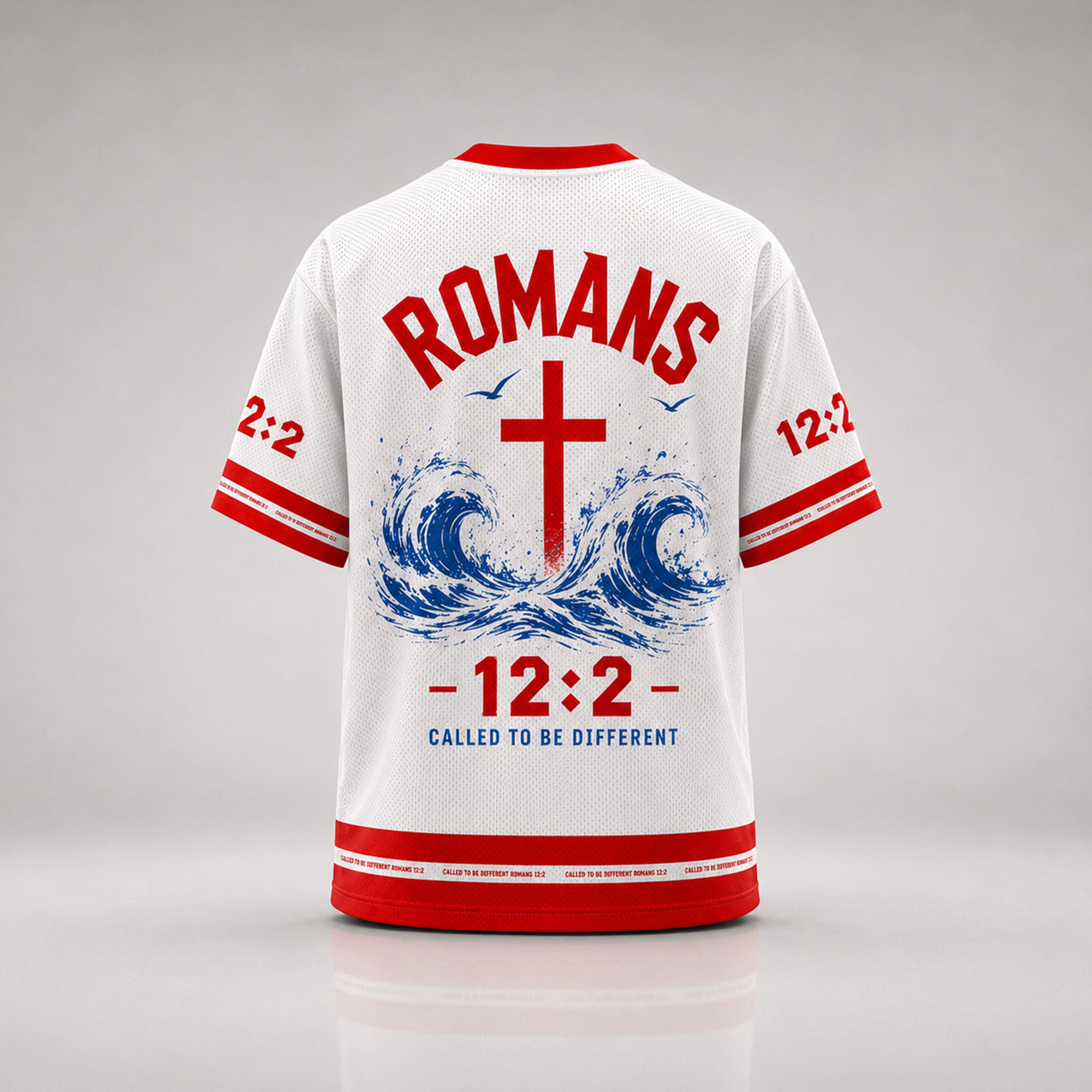 Romans 12:2 Christian Mesh Jersey, Called to Be Different Lighthouse and Cross Bible Verse Shirt