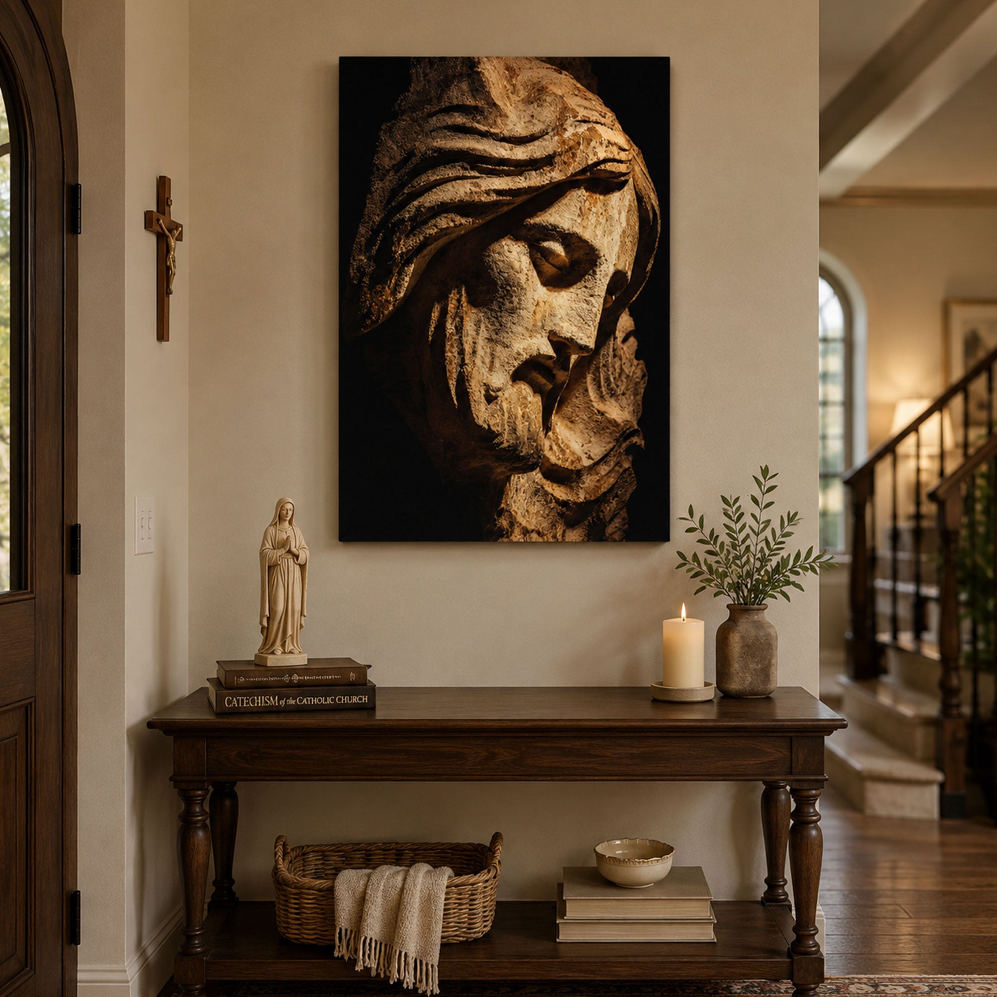 Sorrowful Jesus Crown of Thorns Canvas Print, Catholic Christian Home Decor