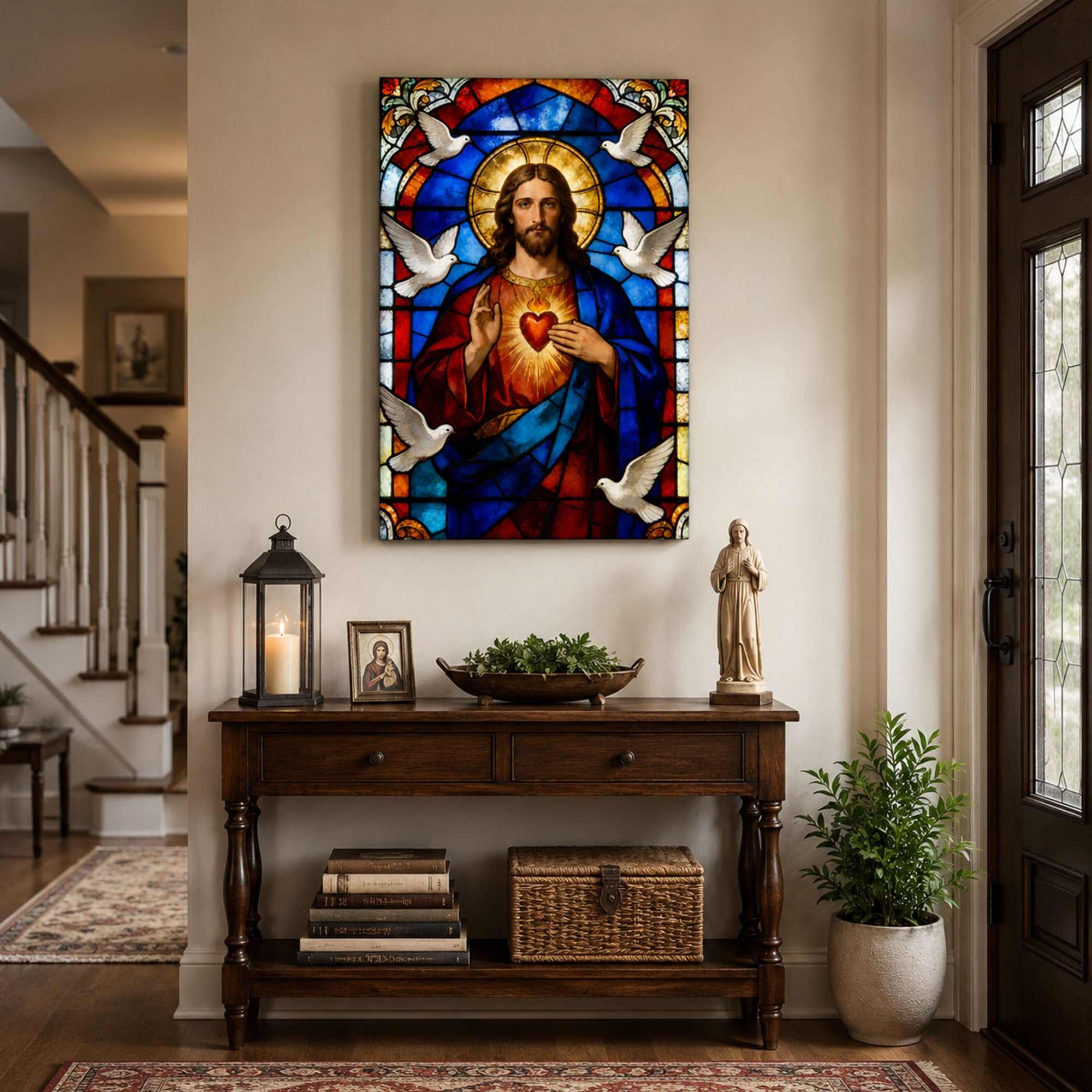 Sacred Heart of Jesus Stained Glass Canvas Print, Catholic Christian Home Decor