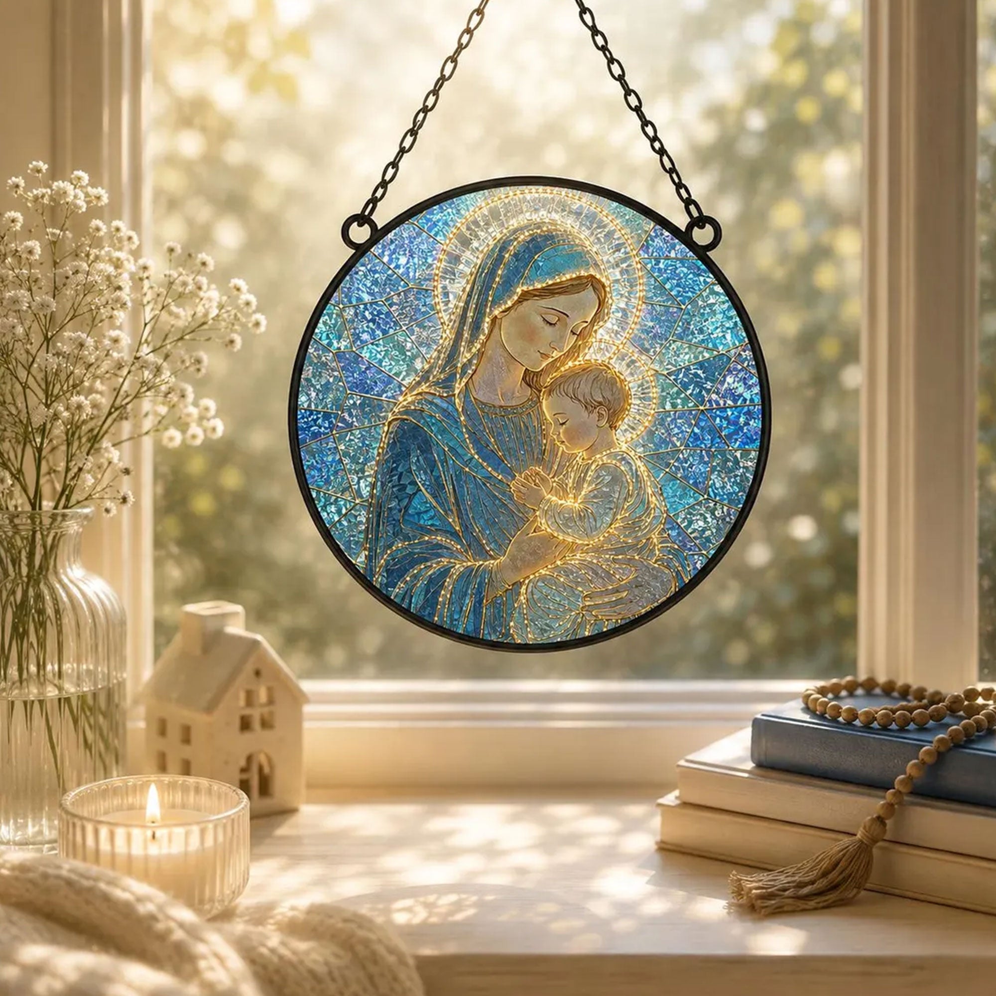 Virgin Mary and Baby Jesus Suncatcher, Holy Mother and Child Catholic Window Hanging, Christian Gift