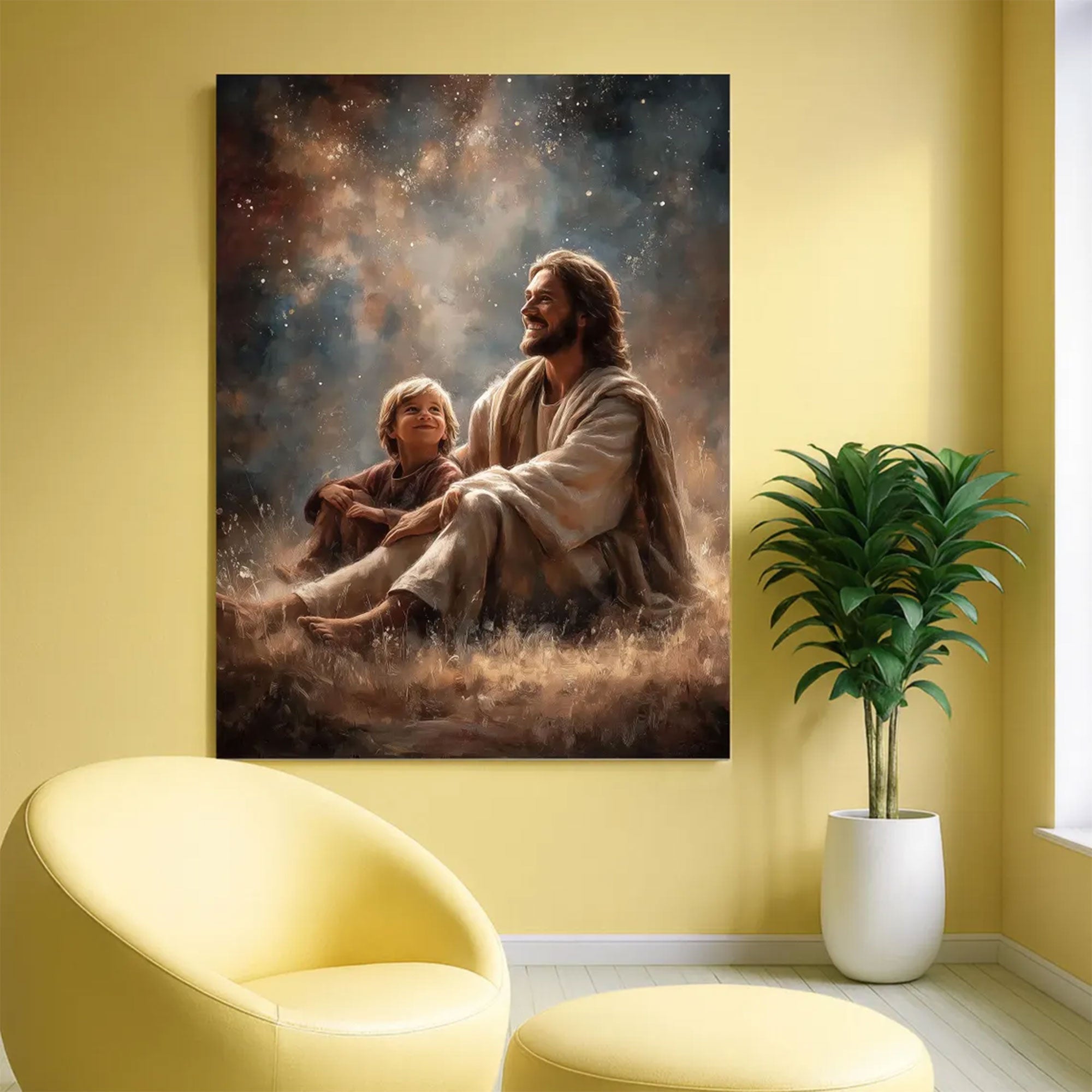 Jesus with Child Under Stars Canvas Wall Art, Spiritual Faith Painting, Religious Home Decor