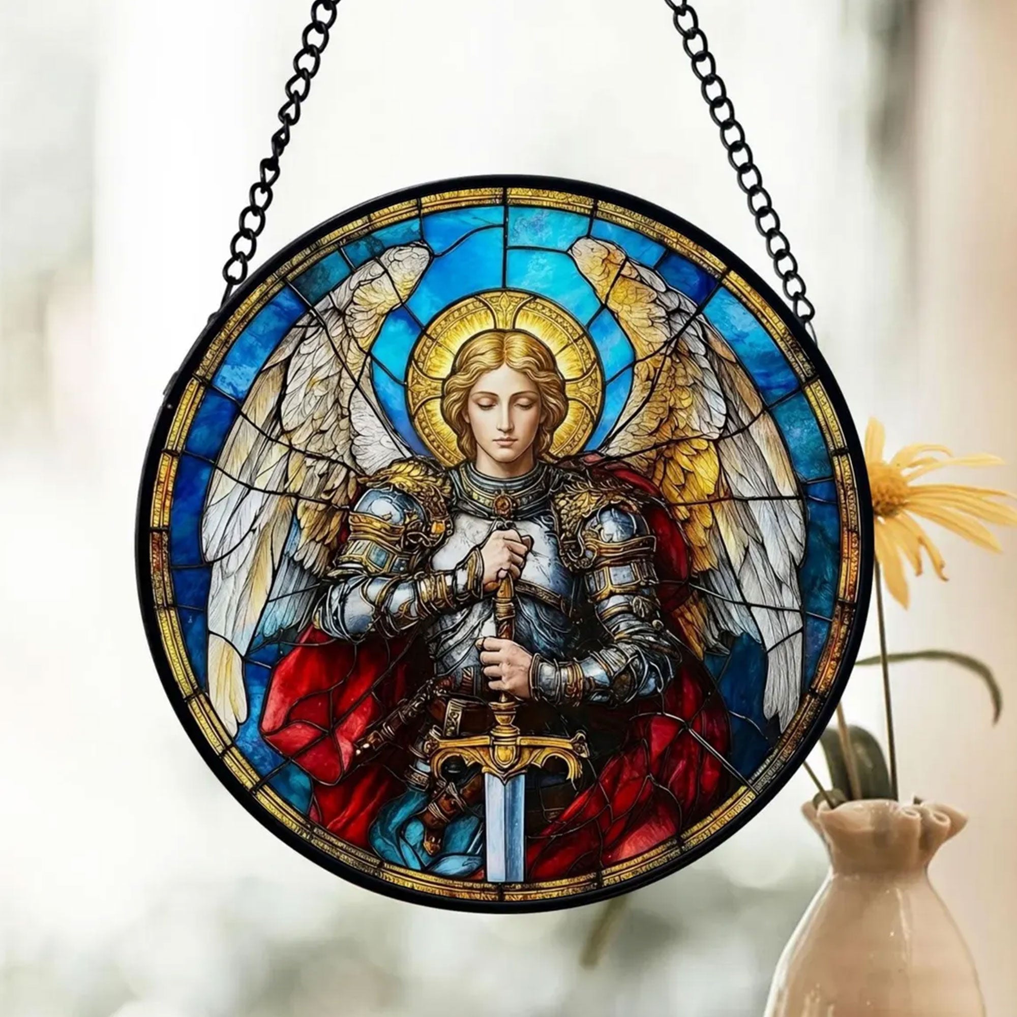 Archangel Michael Stained Glass Suncatcher, Guardian Angel Window Hanging Gift