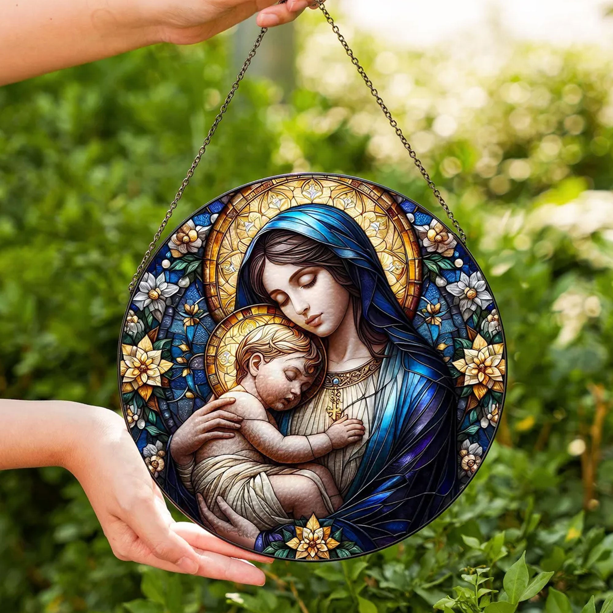 Virgin Mary and Baby Jesus Suncatcher, Blessed Mother Catholic Window Hanging, Christian Gift for Mom