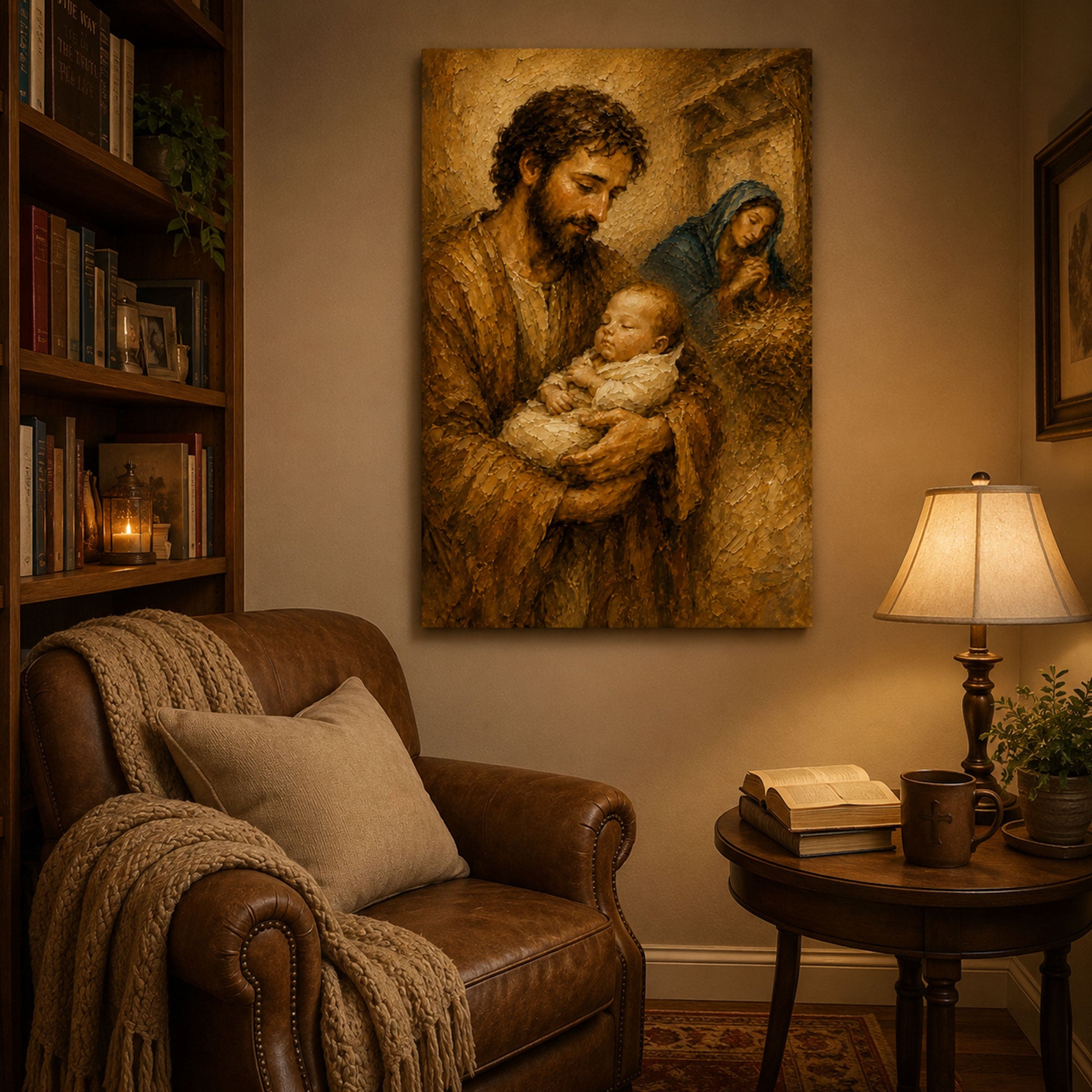 St. Joseph Holding Sleeping Baby Jesus Canvas Print, Holy Family Wall Art, Catholic Family Painting, Christian Home Decor