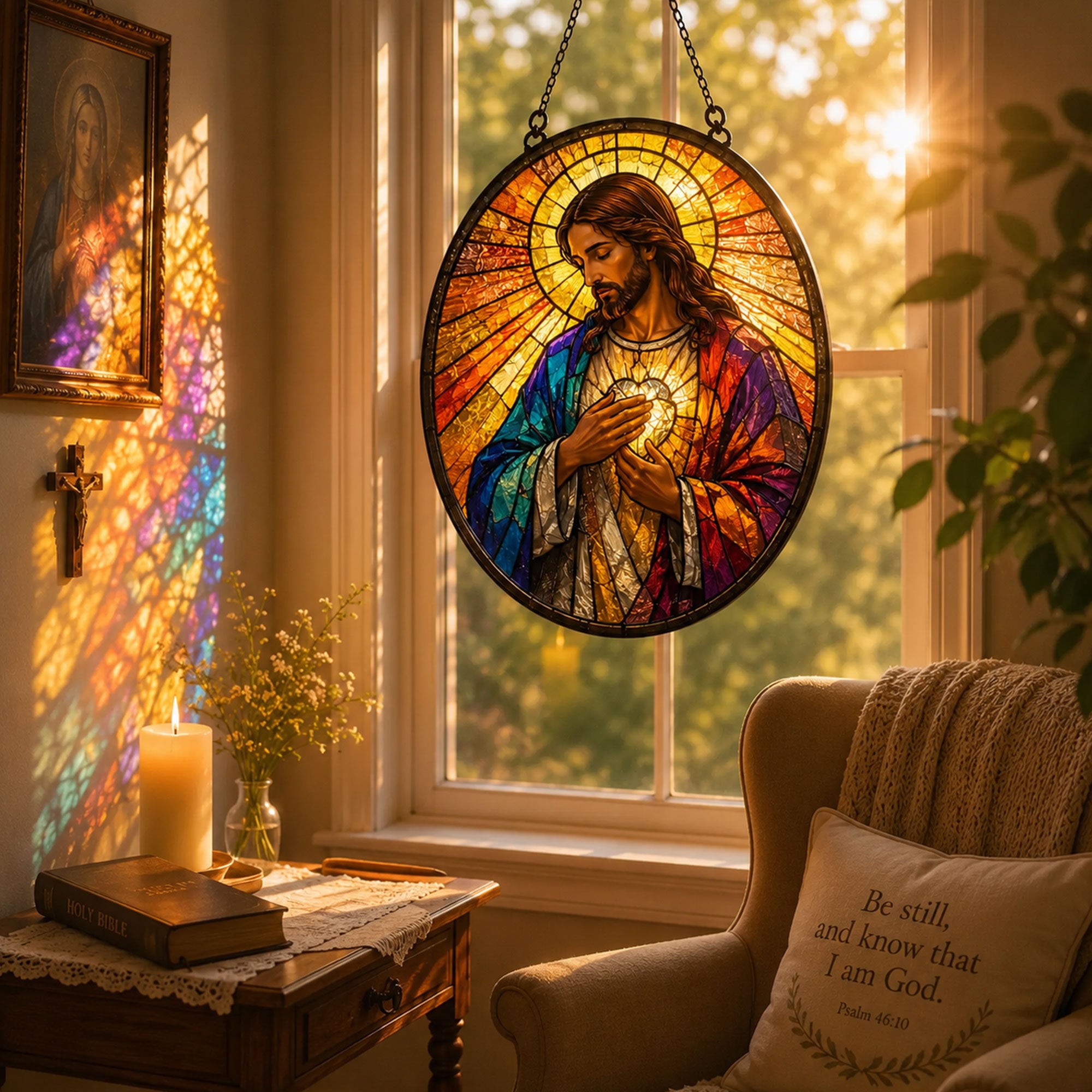 Jesus Holding the Holy Eucharist Suncatcher, Catholic Window Hanging, Blessed Sacrament Gift