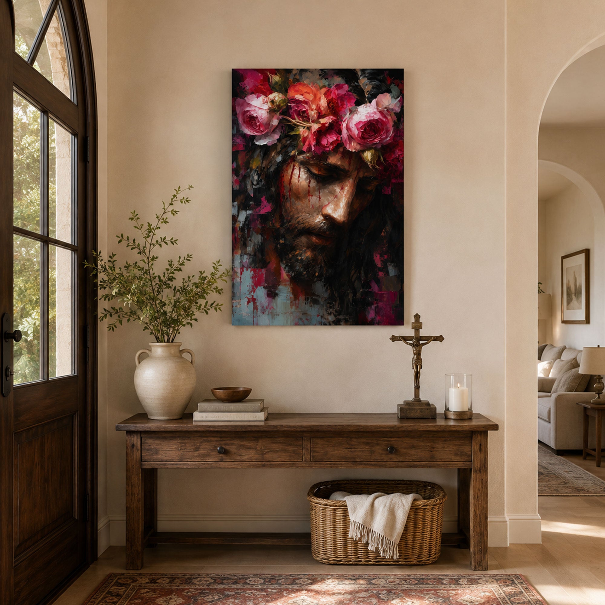 Jesus with Floral Crown Canvas Print, Sacred Heart Christian Wall Art