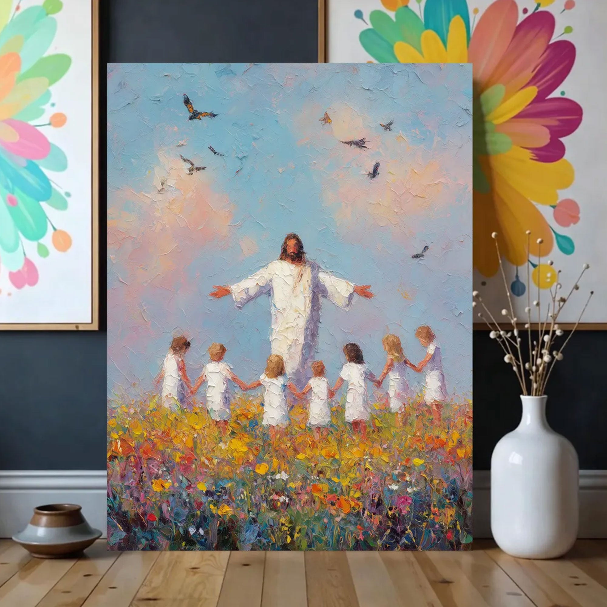 Jesus and Children Canvas Print, Colorful Faith Painting, Christian Religious Home Decor