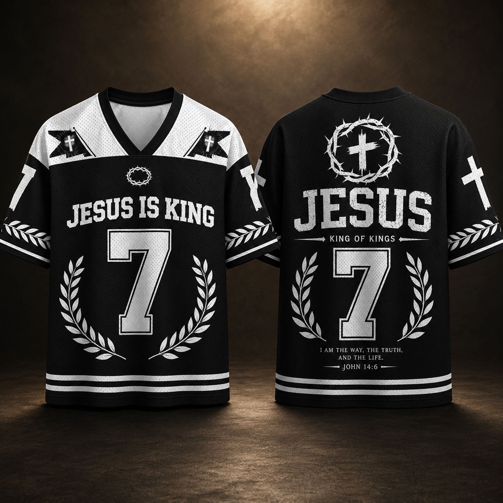 Jesus Is King Christian Mesh Football Jersey, Number 7 John 14:6 Bible Verse Shirt, Crown of Thorns Faith Apparel