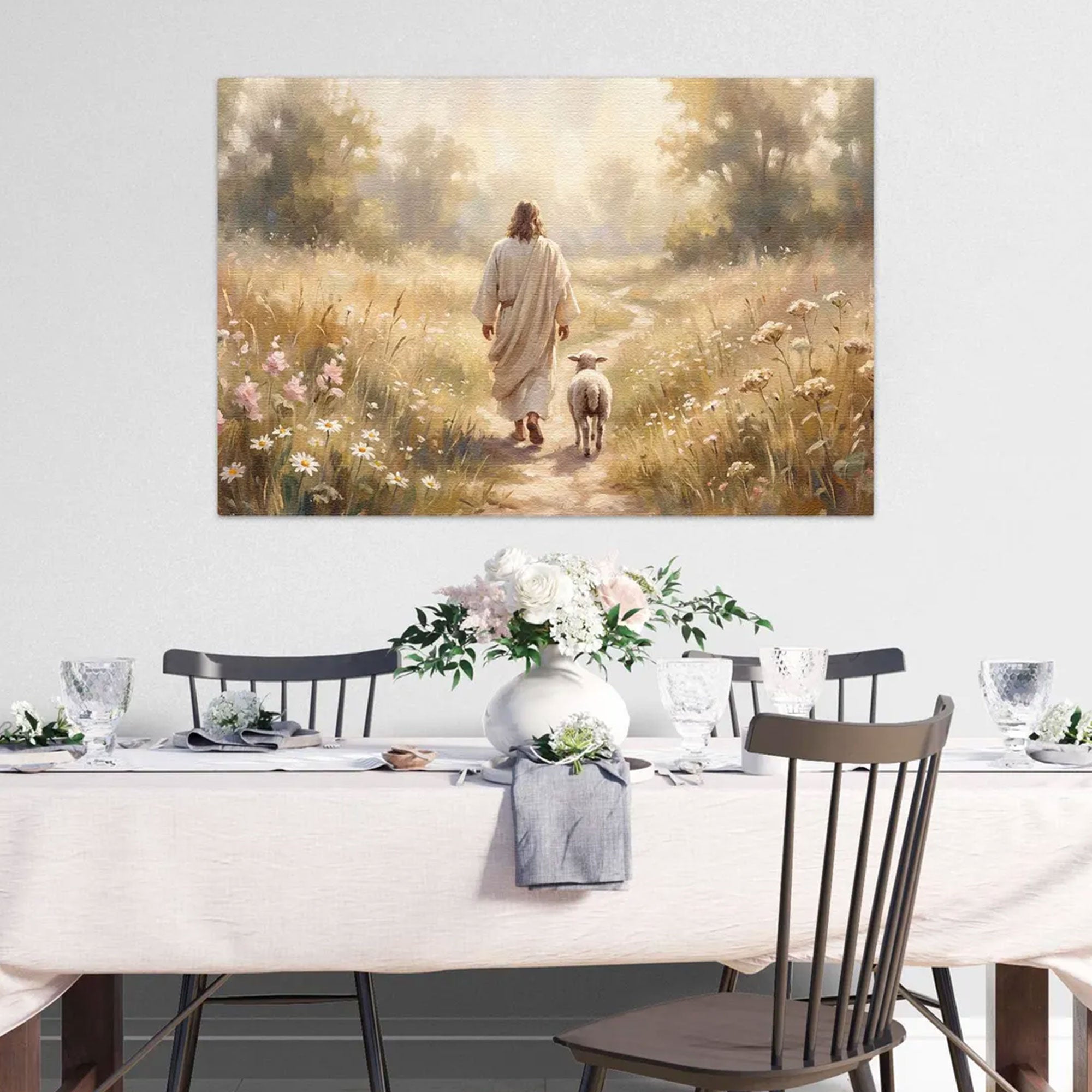Jesus Walking With Lamb Canvas Wall Art, Christian Faith Decor, Good Shepherd Painting, Religious Home Decor