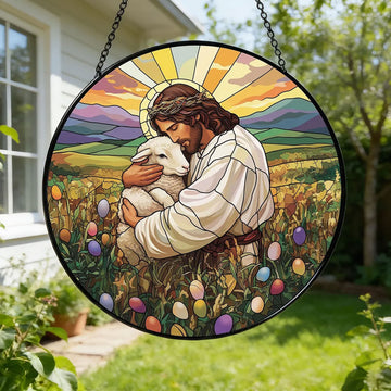 Jesus Good Shepherd Easter Suncatcher, Christ Holding Lamb Window Hanging, Christian Spring Decor