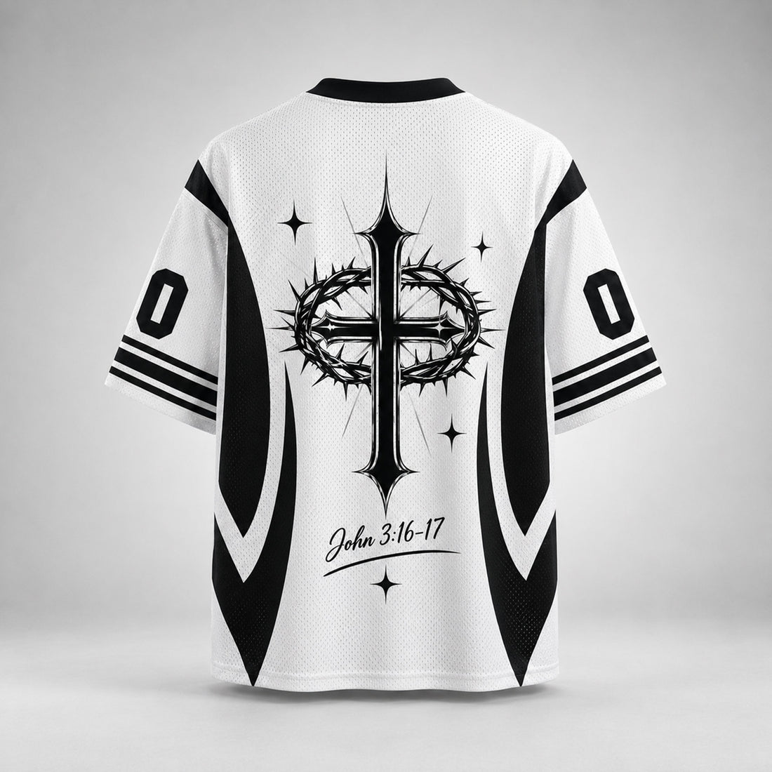 Jesus Saves Christian Mesh Jersey, John 3:16–17 Bible Verse Shirt, Praying Hands and Crown of Thorns Faith Apparel