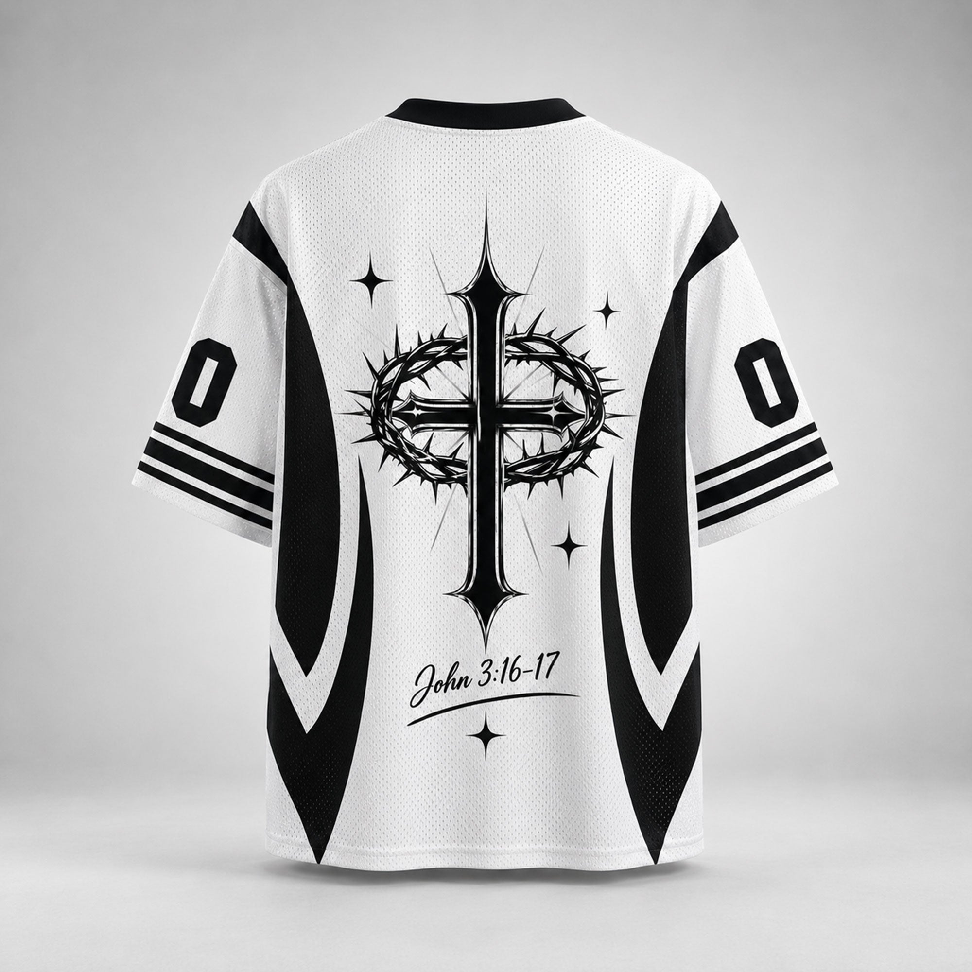 Jesus Saves Christian Mesh Jersey, John 3:16–17 Bible Verse Shirt, Praying Hands and Crown of Thorns Faith Apparel