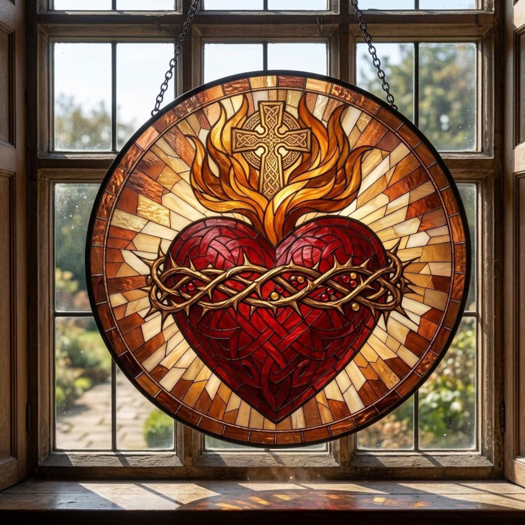 Sacred Heart of Jesus Suncatcher, Crown of Thorns and Cross, Catholic Window Hanging