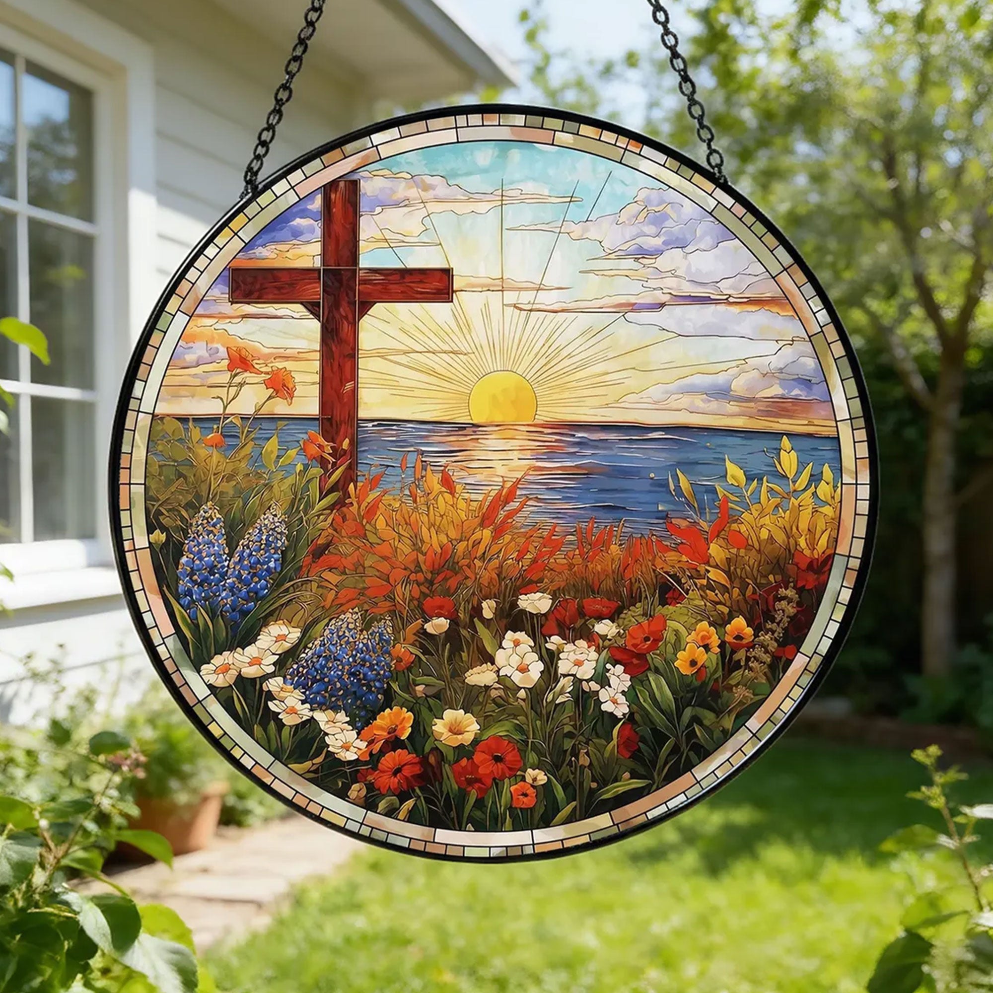 Christian Cross Sunrise Suncatcher, Ocean and Wildflower Window Hanging, Faith Inspired Home Decor